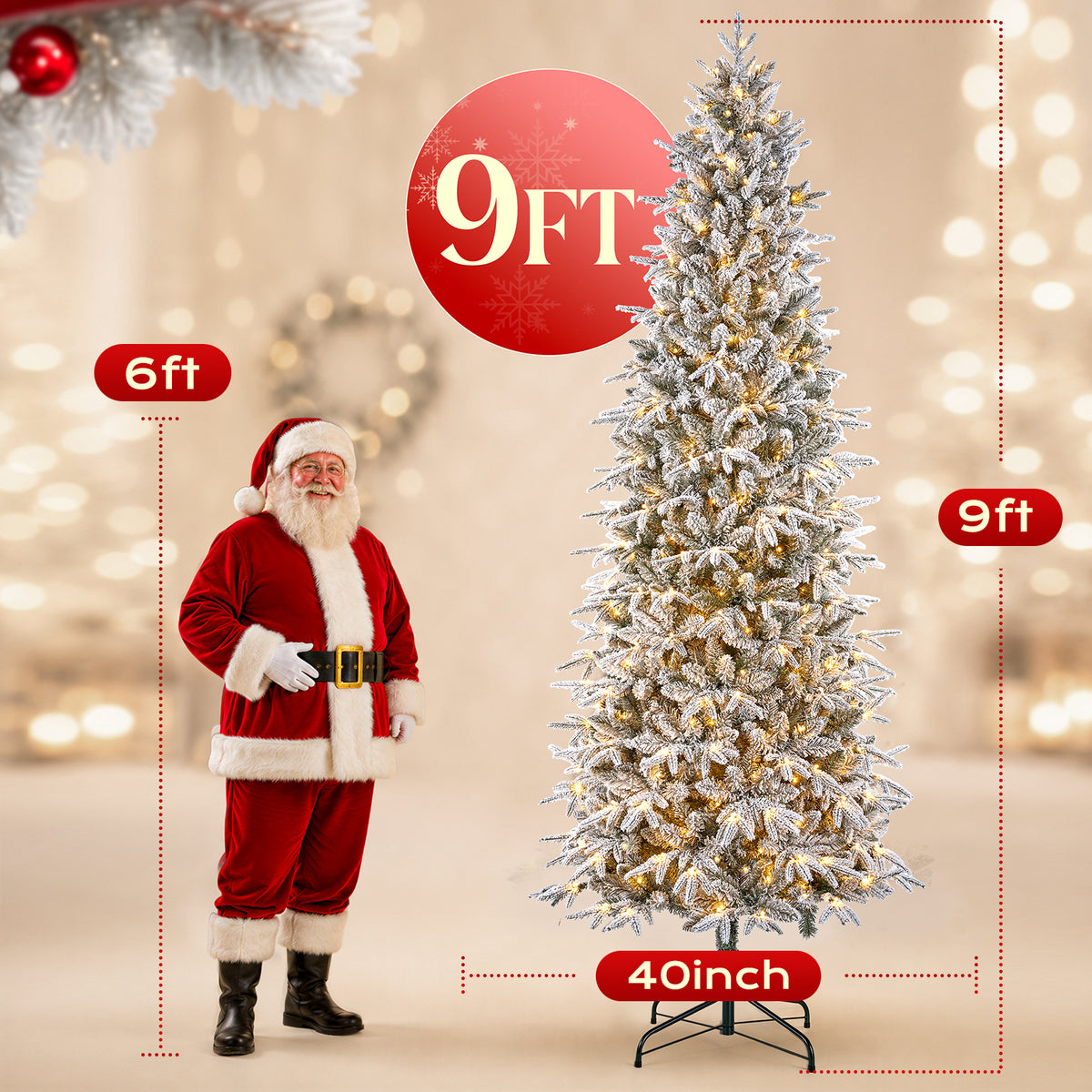 9FT Pre-Lit Flocked Christmas Tree, 500 Warm White LED Lights, 1906 PE & PVC Branch Tips Snowy Artificial Christmas Tree