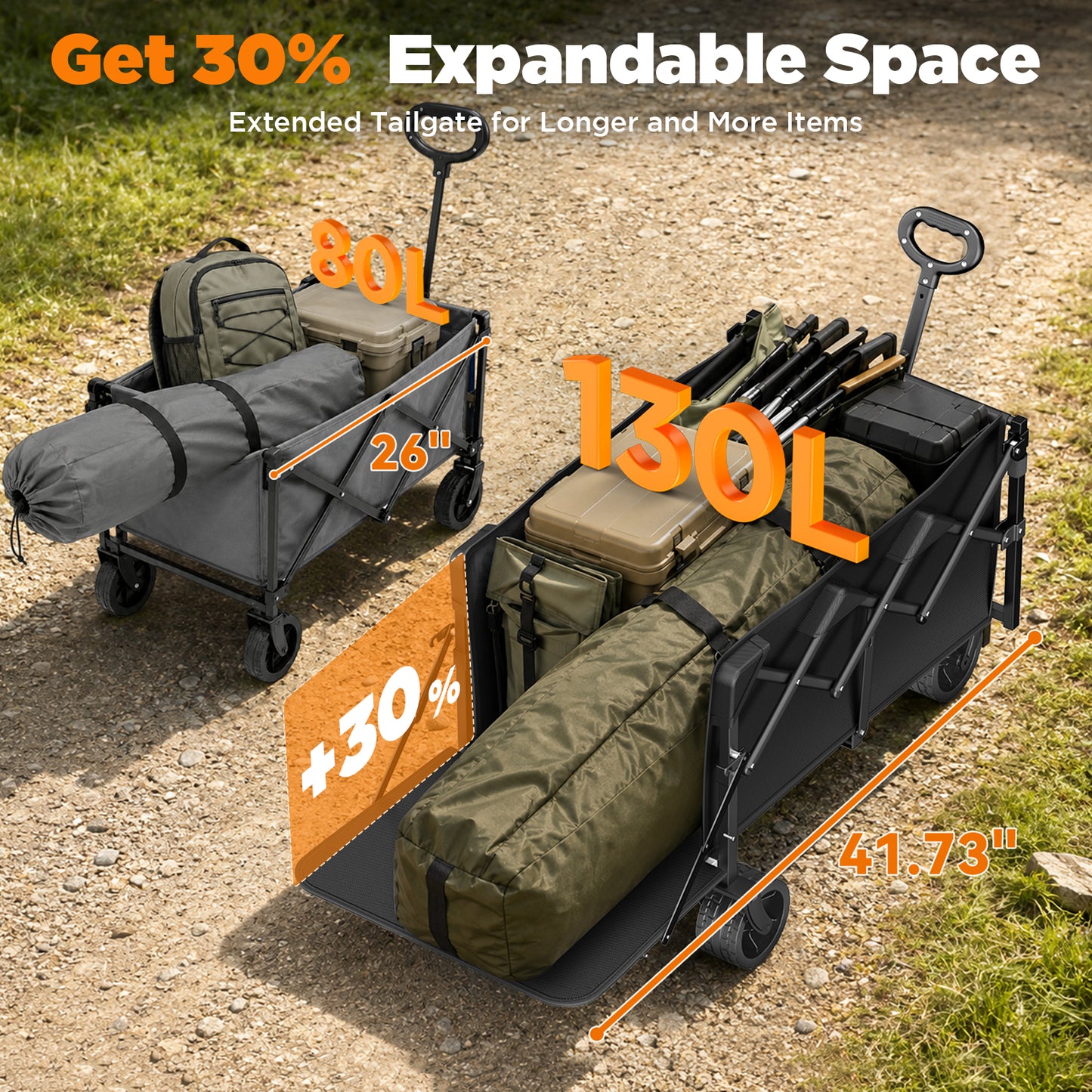 Terrfour 430lb Heavy Duty Collapsible Folding Wagon Cart with Extended Tailgate and All-Terrain Wheels for Camping, Garden, Outdoor, Black