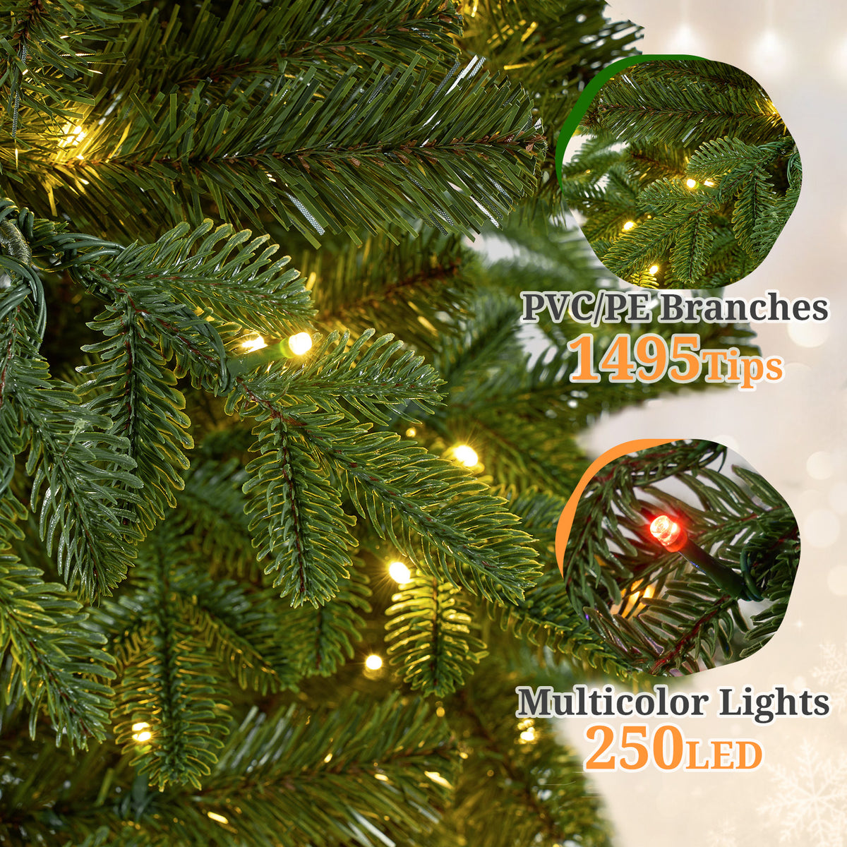 6FT Pre-Lit Artificial Christmas Tree with 250 LED Lights and 1495 PE%PVC Tips, 10-Function Multicolor Lights
