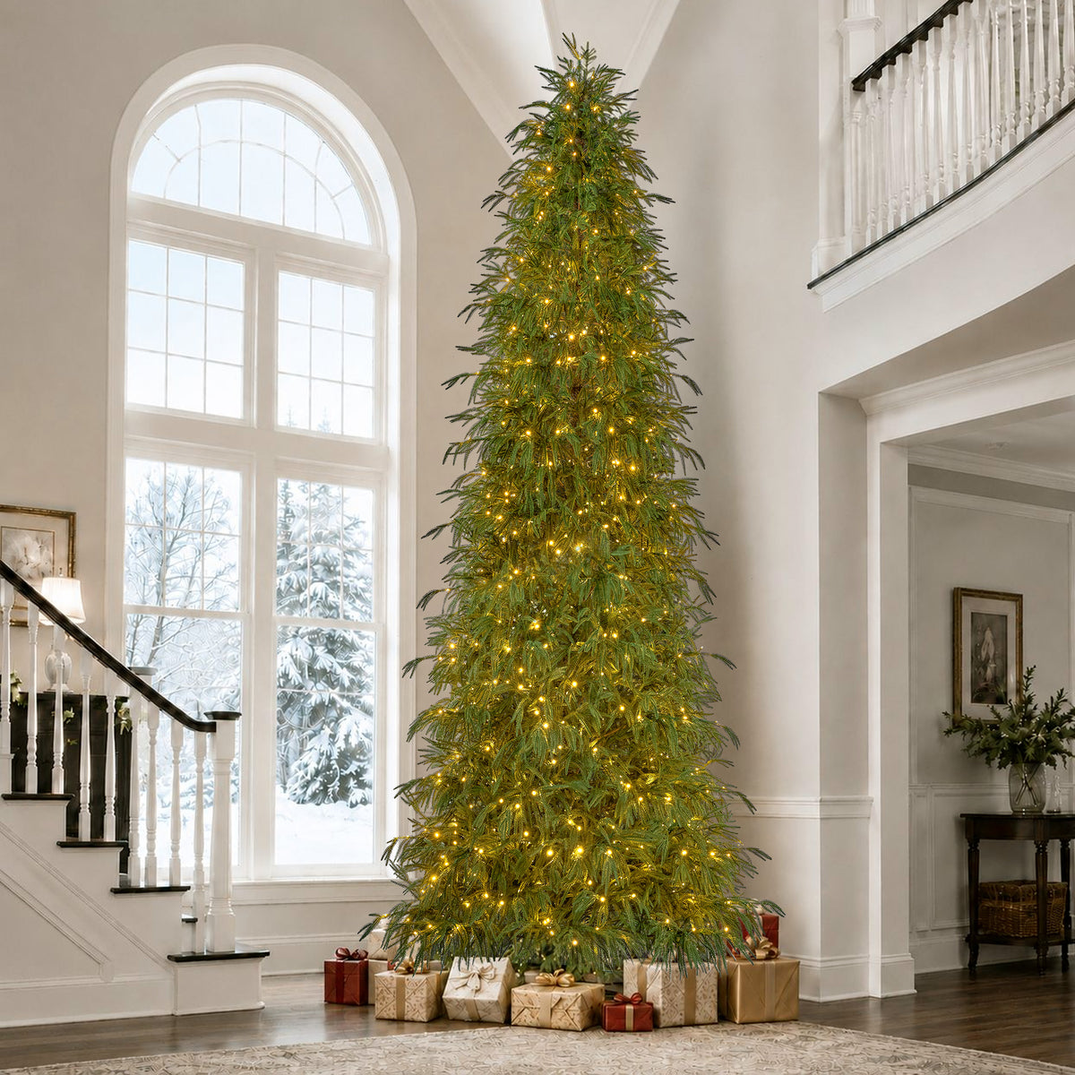 Goosiay 12 ft Pre-Lit Norfolk Pine Christmas Tree, PE Slim Artificial Tree with 800 Warm White & Multicolor 10-Function Lights, 15504 Branch Tips, Green