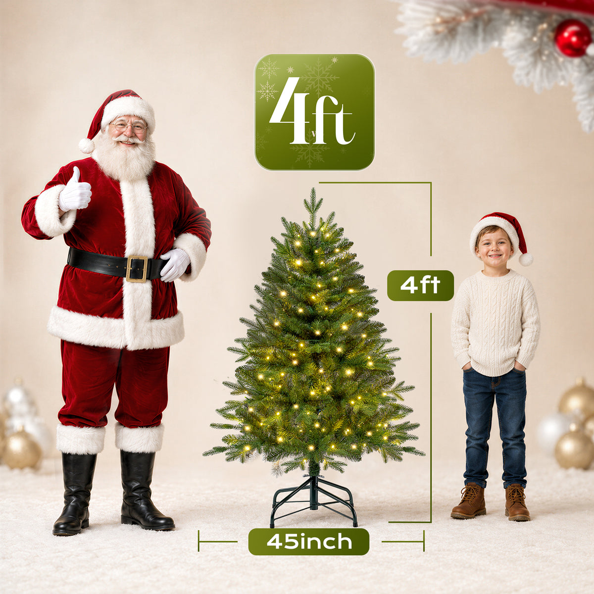 Christmas Tree, 4ft Pre-Lit Christmas Tree with 100 Warm White & Multicolor LED Lights, 465 PE & PVC Tips, Hinged Artificial Pine Tree for Small Spaces, Bedroom, Office, Entryway