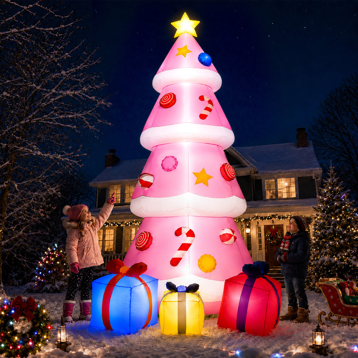 Goosiay 9ft Tall Pink Christmas Inflatables Tree with LED Lights and Gift Boxes, Outdoor Yard Decor