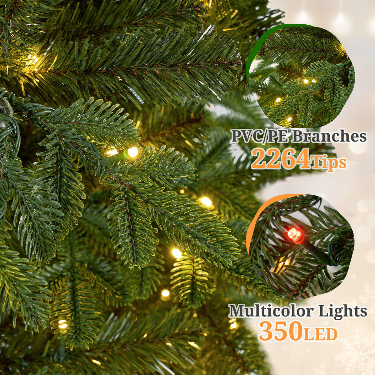 7ft Pre-Lit Christmas Tree with 2264 Branch Tips, 350 Multicolor LED Lights, Slim Artificial Christmas Tree for Living Room