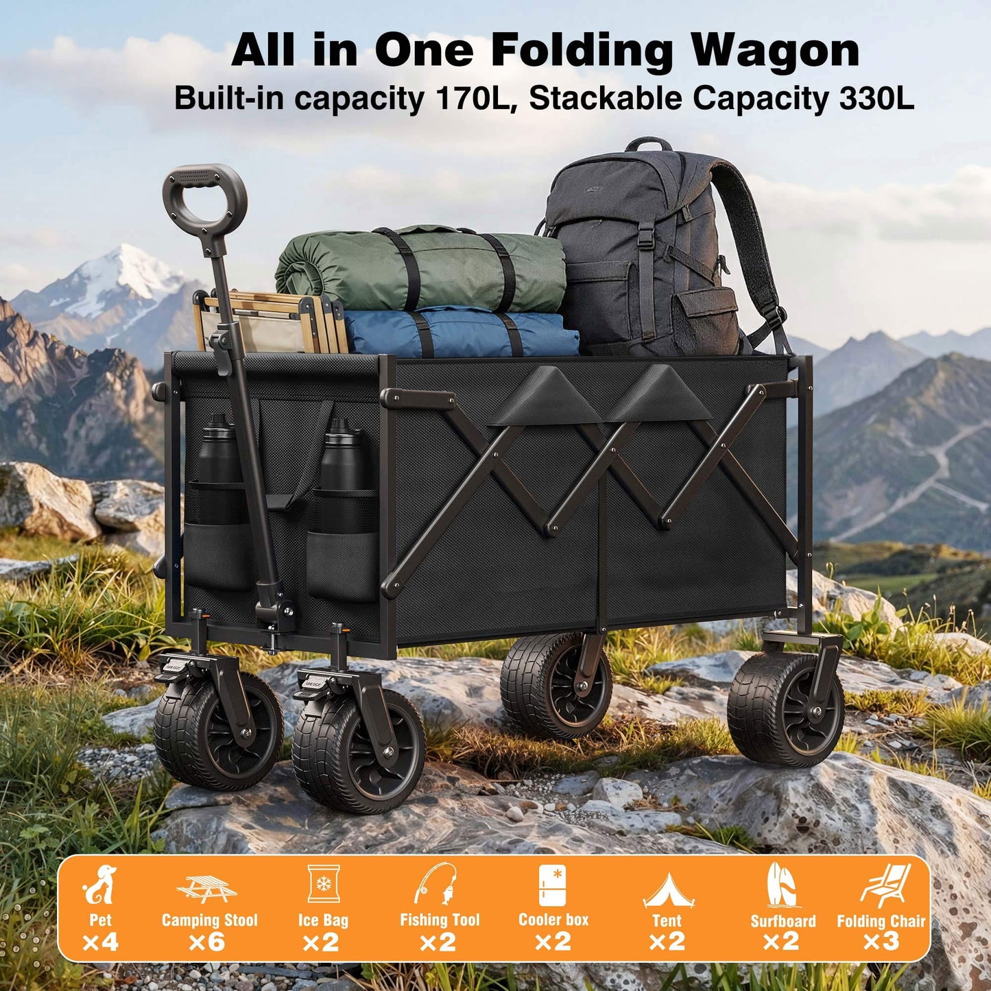 Goosiay Collapsible Wagon Cart with Tank Wheels, 580lbs Heavy Duty Folding Utility Wagon with Flexible Handle for Camping, Grocery, Garden, Sports & Shopping, Black
