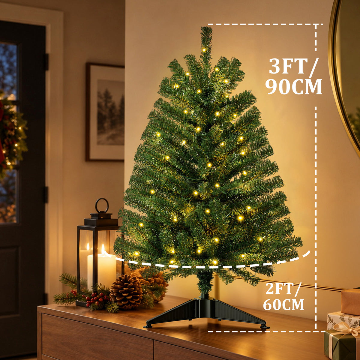 3ft Pre-Lit Christmas Tree with Warm White LED Lights, Small Green Xmas Tree for Indoor Living Room, Bedroom Holiday Decor
