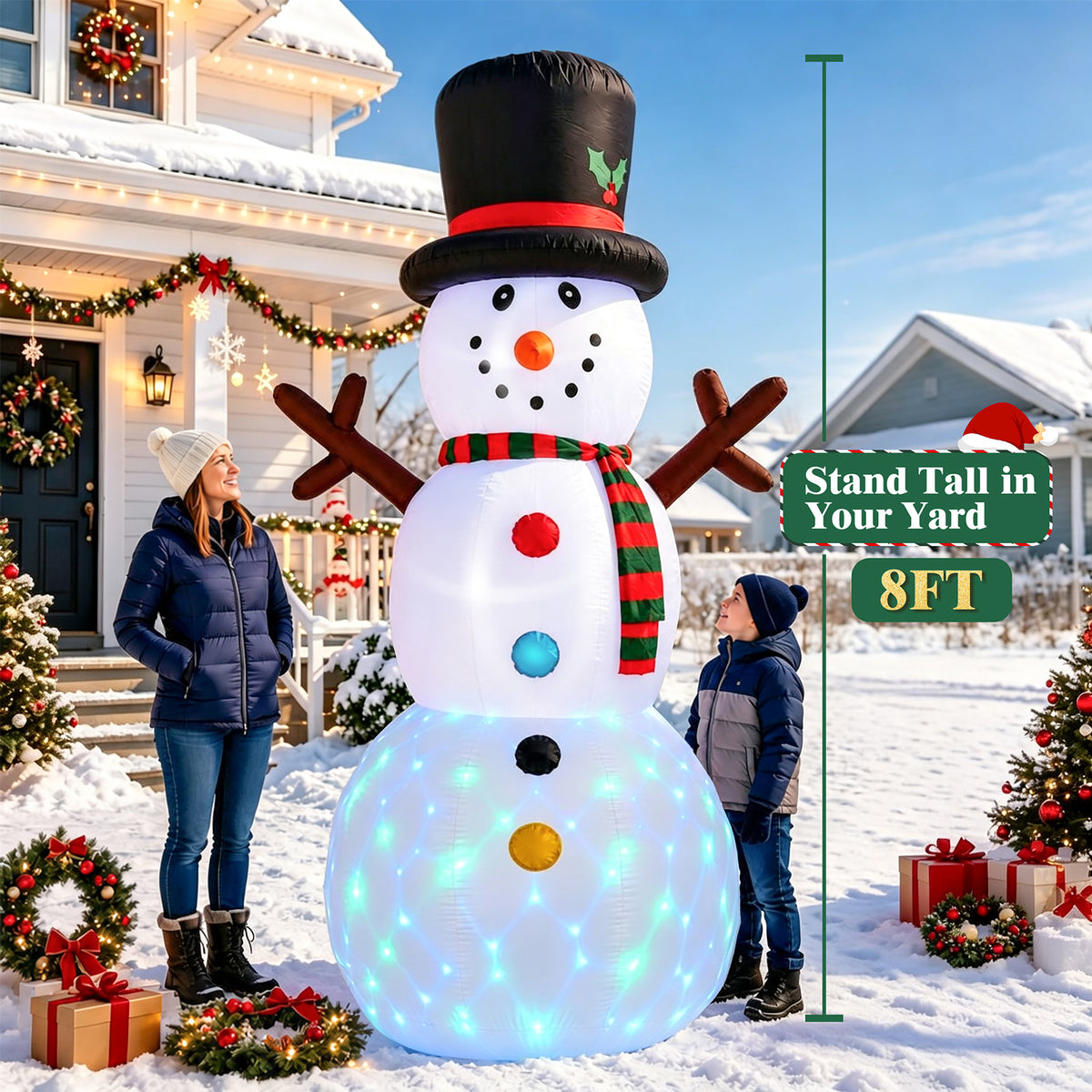 8FT Christmas Inflatable Snowman, Built-in Rotating Color LED light up for Lawn Yard Garden Decoration Indoor Outdoor Xmas Party Decor
