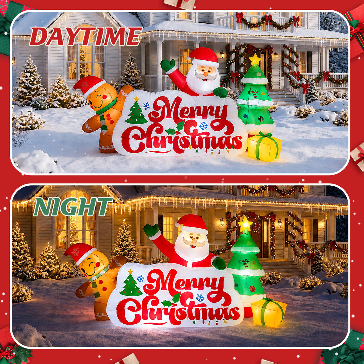 10ft Christmas Inflatables Outdoor Decorations, Merry Christmas Sign with Santa Gingerbread Christmas Tree, Built-in LEDs for Yard Lawn Garden