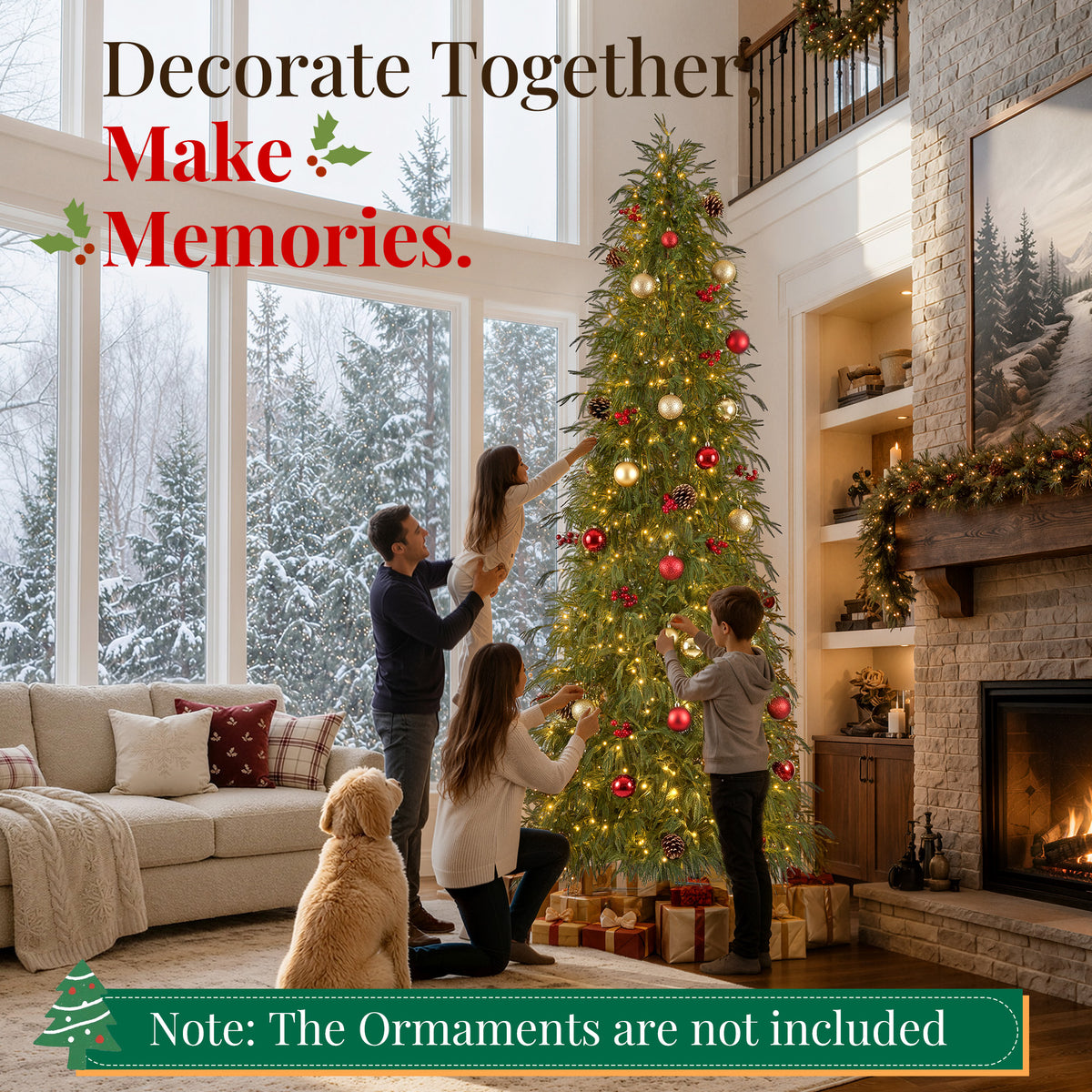 Goosiay 12 ft Pre-Lit Norfolk Pine Christmas Tree, PE Slim Artificial Tree with 800 Warm White & Multicolor 10-Function Lights, 15504 Branch Tips, Green