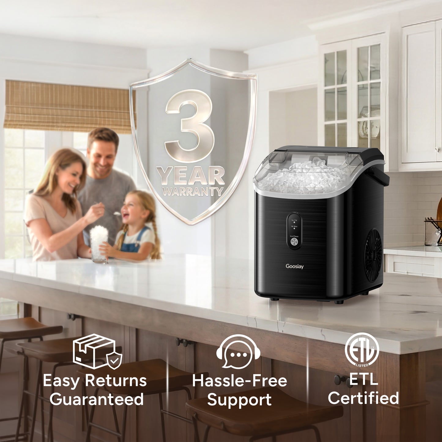 Goosiay 33lb Nugget Ice Maker Countertop, Portable Pebble Ice Machine with Handle, Soft Chewable Pellet, Stainless Steel Black