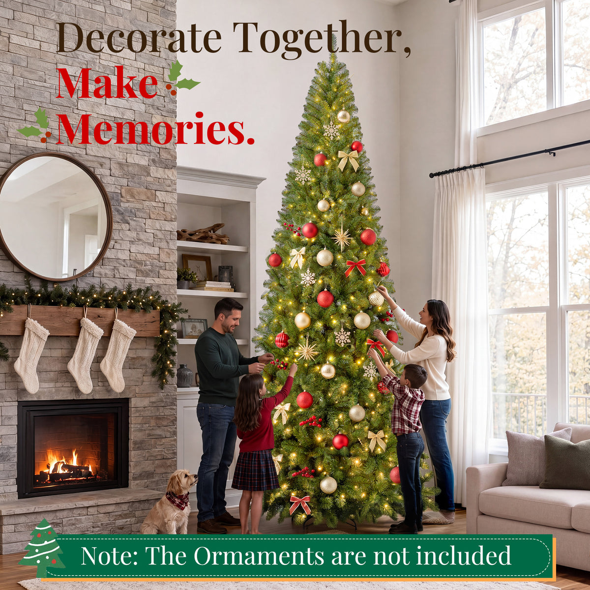 Goosiay 12 ft Pre-Lit Christmas Tree, PVC Slim Artificial Tree with 700 Warm White & Multicolor 10-Function Lights, 2740 Branch Tips,Green