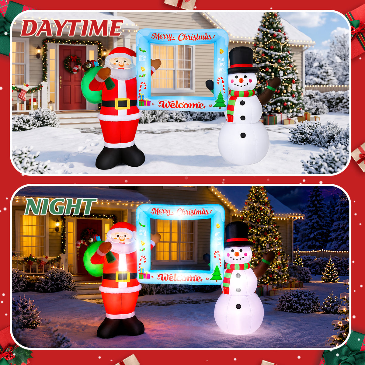 10FT Christmas Inflatable, Blow up Christmas Outdoor Decoration Selfie Picture Frame with Santa & Snowman, Pre-Lit Holiday Welcome Photo Booth Prop for Yard Family Party