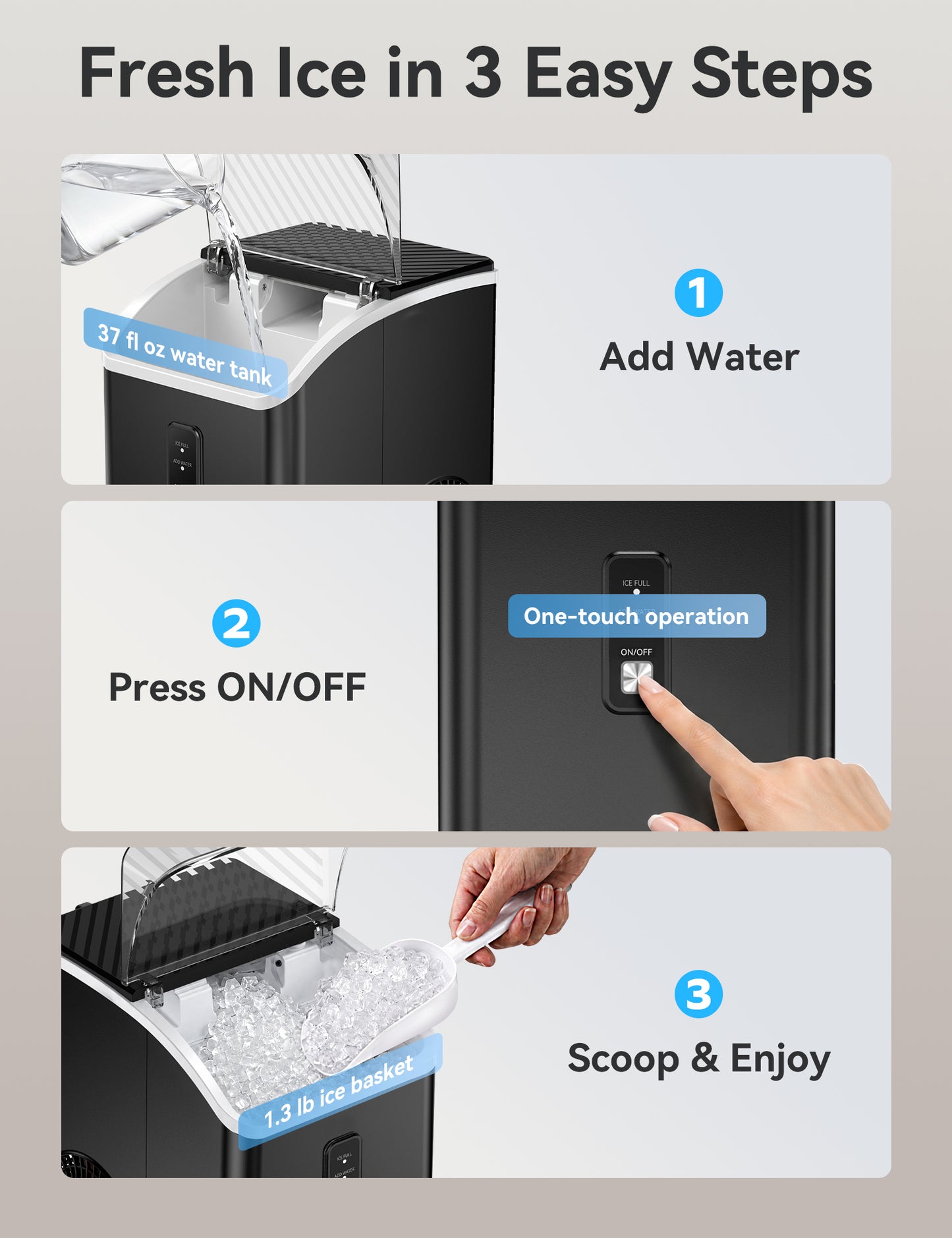 Goosiay 33lb Countertop Nugget Ice Maker Machine, Compact Mini Size Chewable Pebble Crushed Portable Ice Maker, Black