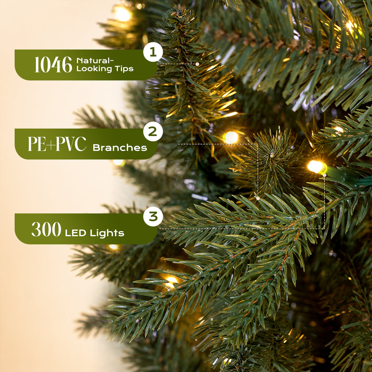 Goosiay 6ft Prelit Hinged Christmas Tree with 300 Multicolor & Warm White LED Lights, 980 Branch Tips, Metal Stand