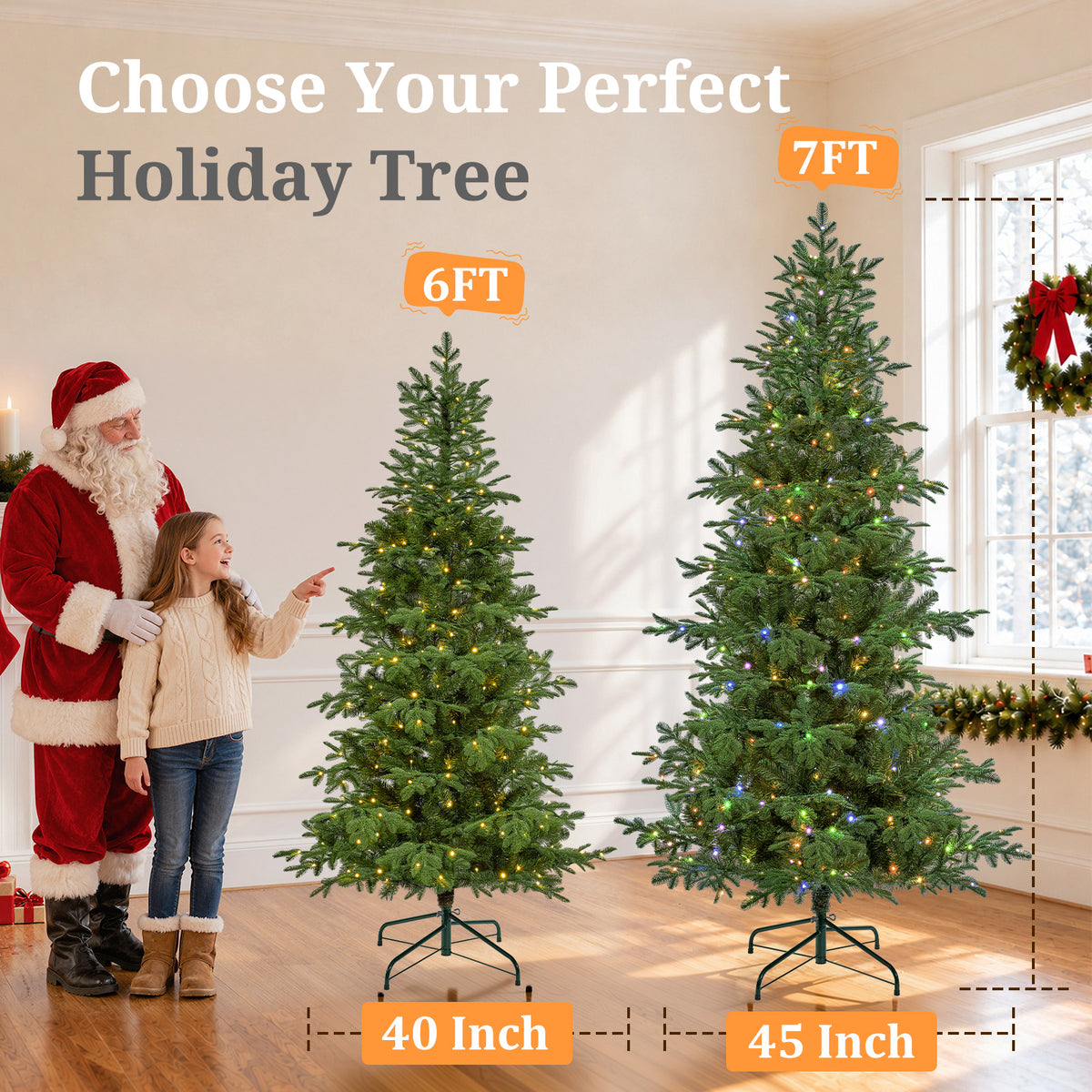 7ft Pre-Lit Christmas Tree with 2264 Branch Tips, 350 Multicolor LED Lights, Slim Artificial Christmas Tree for Living Room