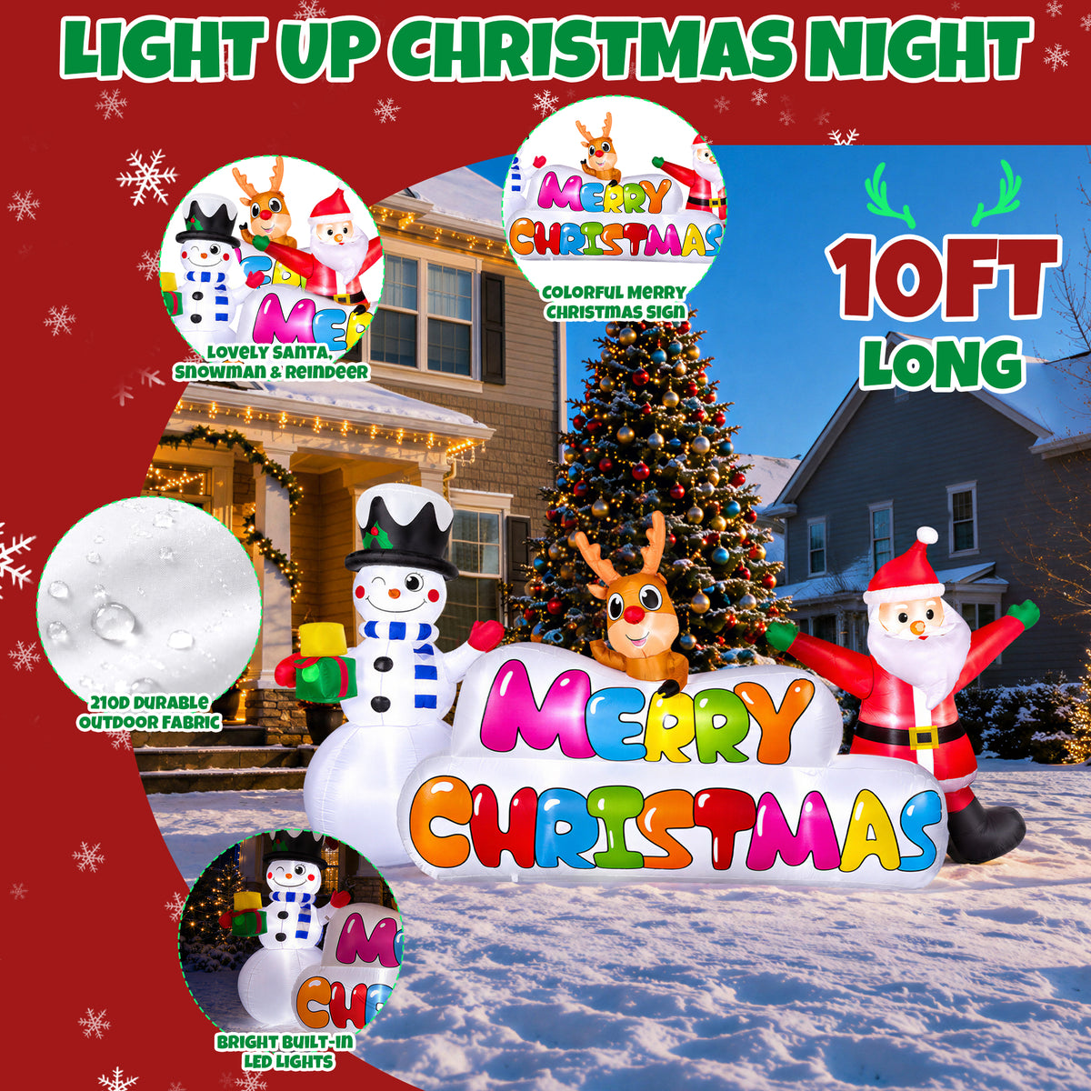 Goosiay 10FT Long Christmas Inflatable with Santa,Snowman and Reindeer,Giant Xmas Blow Up with Lighted Merry Christmas Sign for Outdoor Yard,Lawn,Garden Decor
