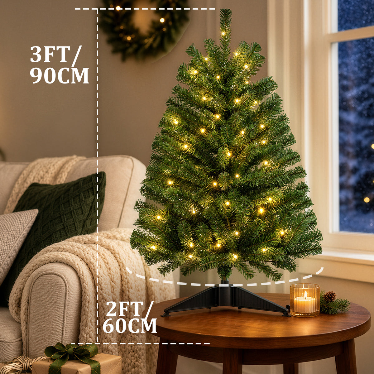 2Pack Christmas Tree, 3ft Pre-Lit Christmas Trees with Warm White LED Lights, Outdoor Porch Christmas Trees for Bedroom, Office, Entryway