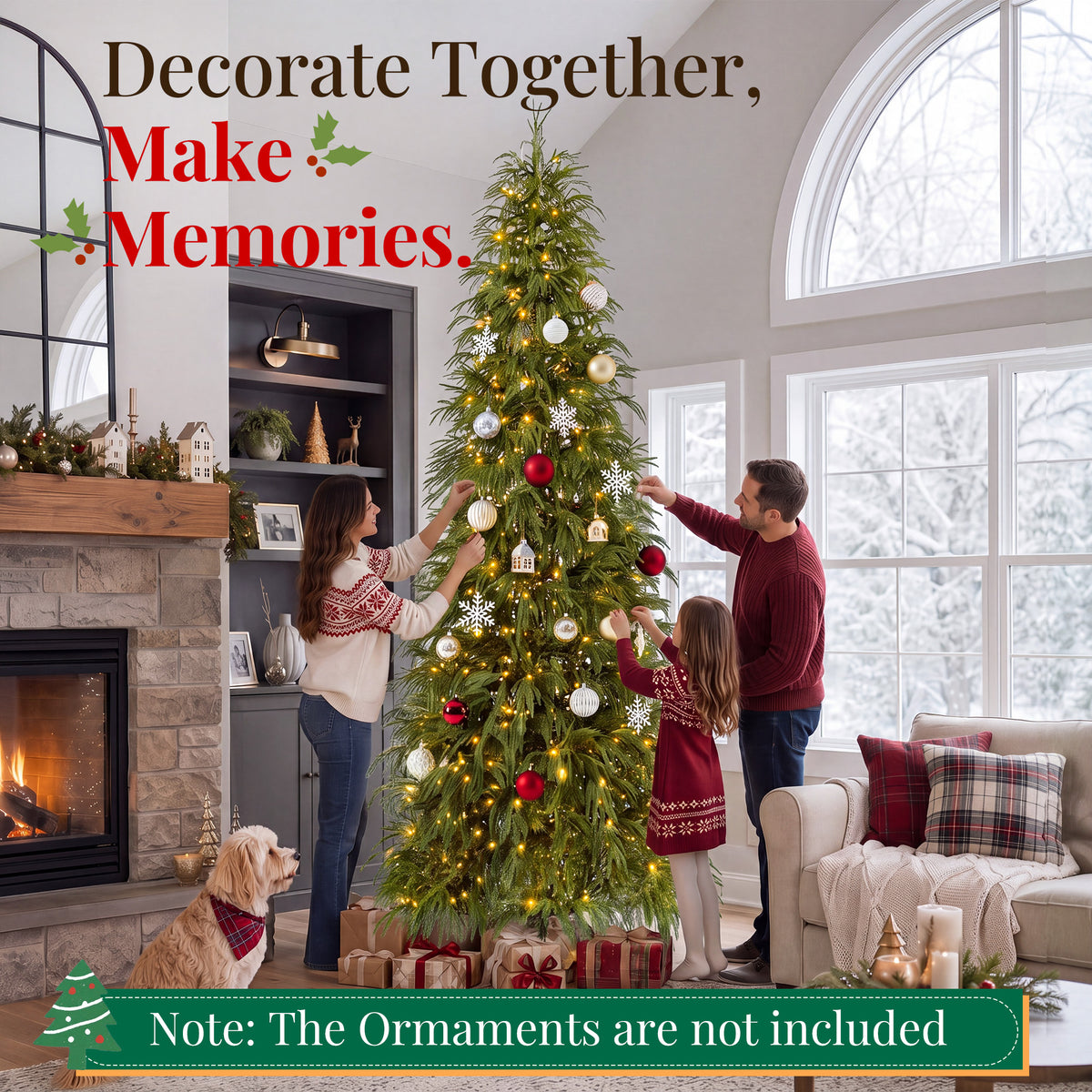Goosiay 7 ft Pre-Lit Norfolk Pine Christmas Tree, PE Slim Artificial Tree with 300 Warm White & Multicolor 10-Function Lights, 6718 Branch Tips,Green
