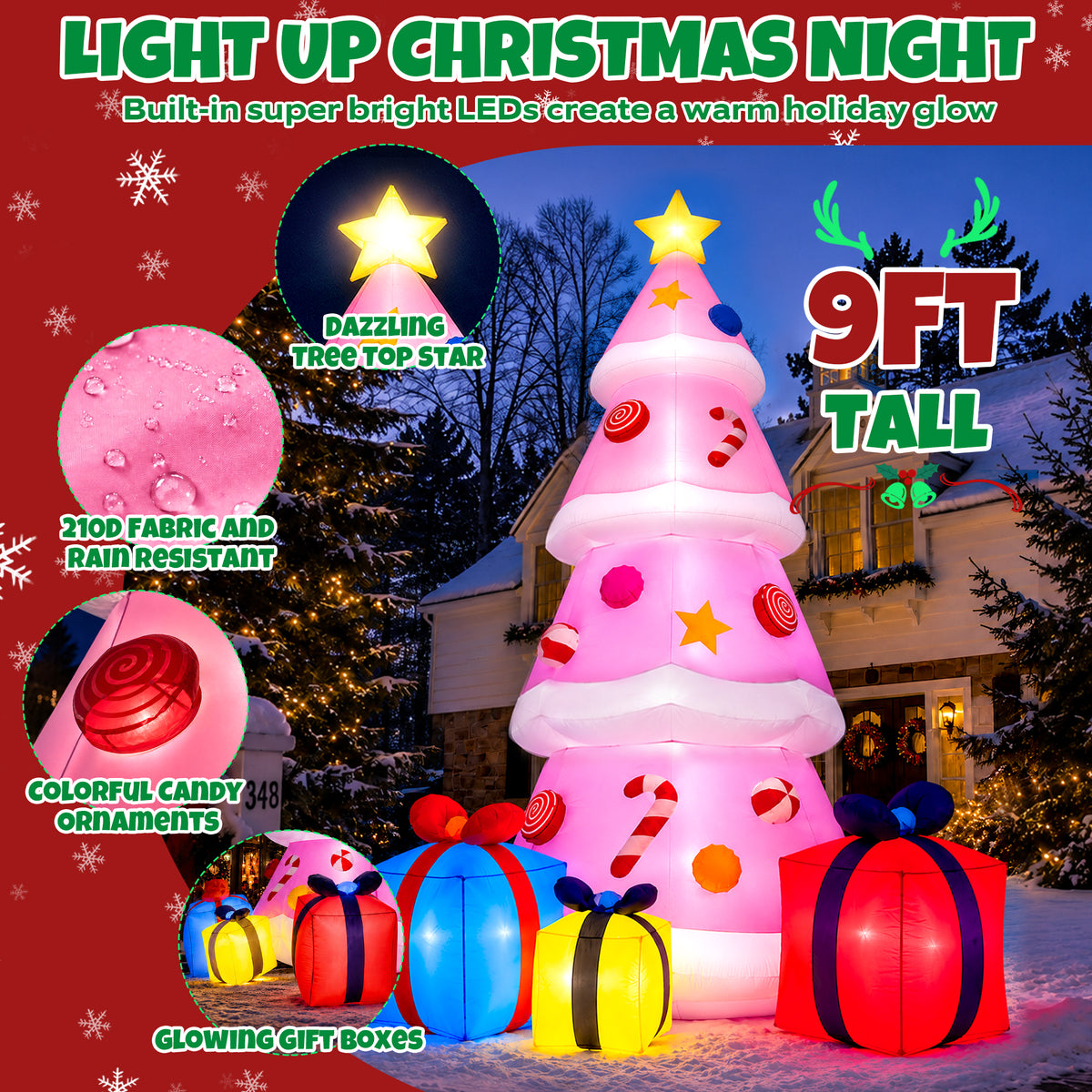 Goosiay 9ft Tall Pink Christmas Inflatables Tree with LED Lights and Gift Boxes, Outdoor Yard Decor