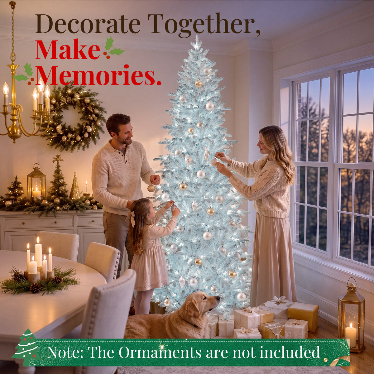 Goosiay 7 ft Pre-Lit White Flocked Slim Aspen Fir Artificial Christmas Tree with 280 Cool White Lights, 1060 Branch Tips, PE & PVC Branches