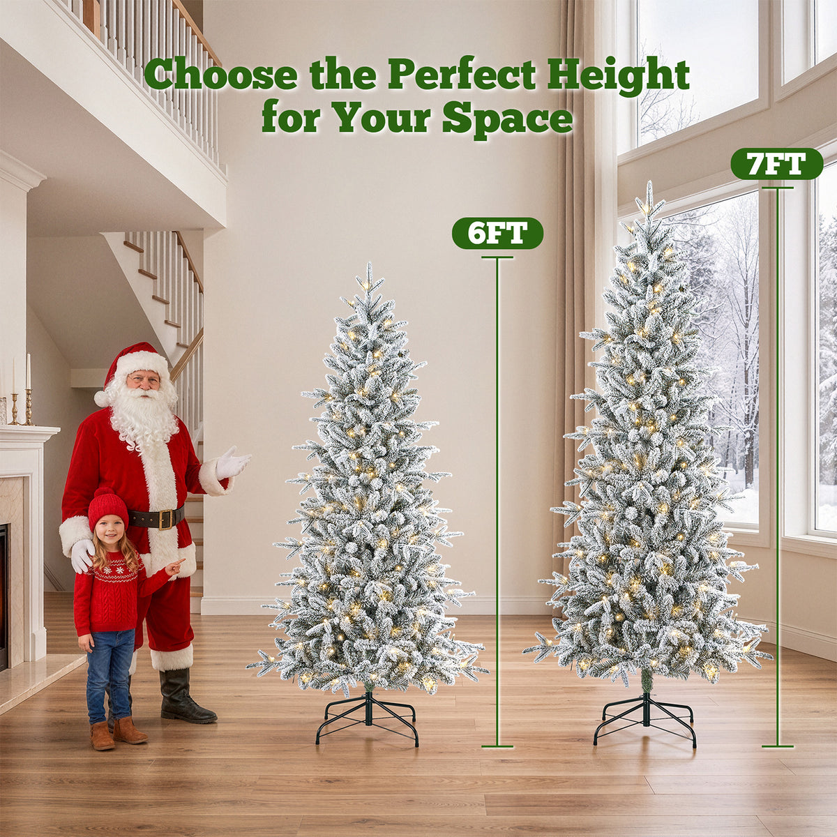 6 ft Pre-Lit Snow Flocked Slim Aspen Fir Artificial Christmas Tree, 900 PE & PVC Tips, 250 Warm White & Multicolor LED Lights