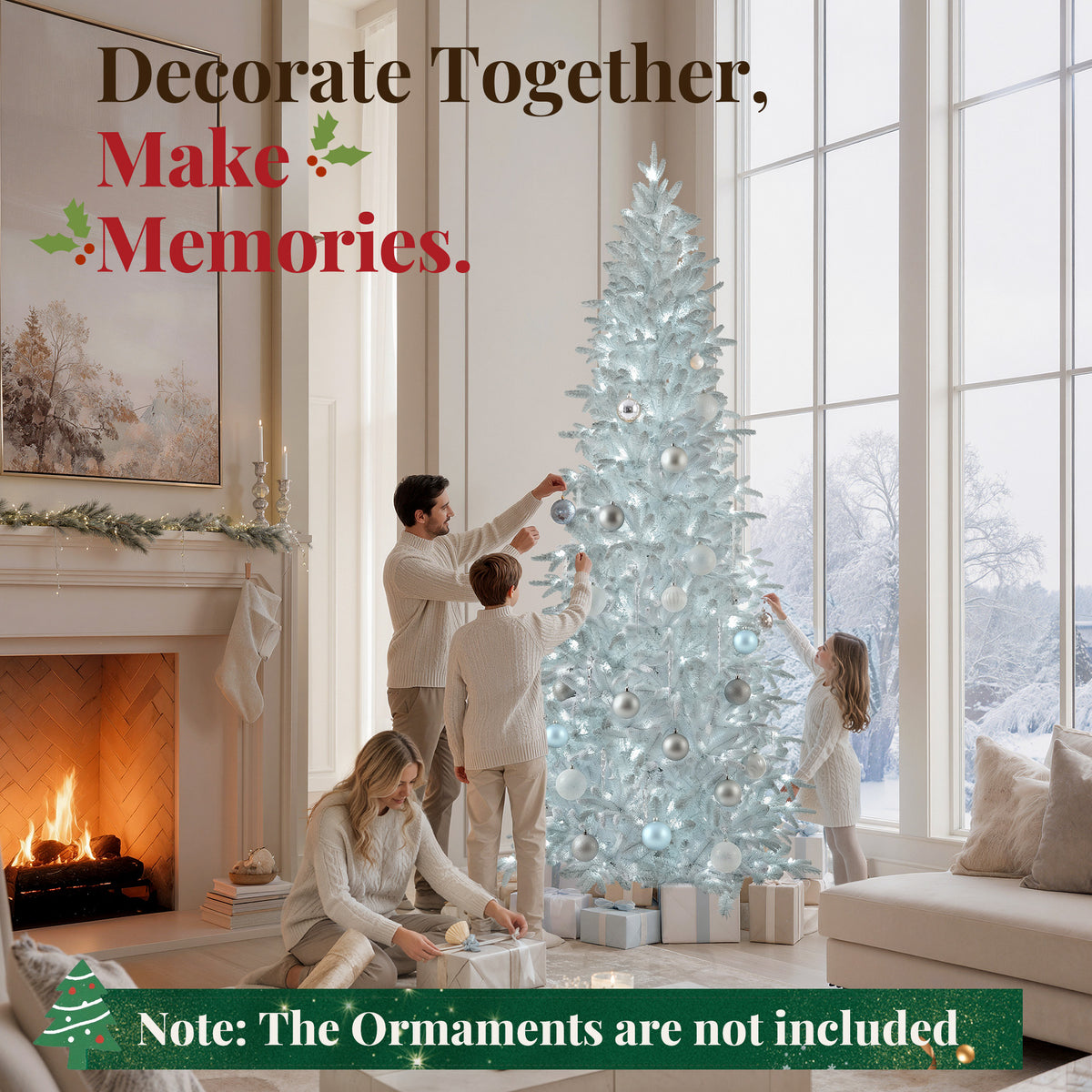 Goosiay 9 ft Pre-Lit White Flocked Slim Aspen Fir Artificial Christmas Tree with 450 Cool White Lights, 2045 Branch Tips, PE & PVC Branches