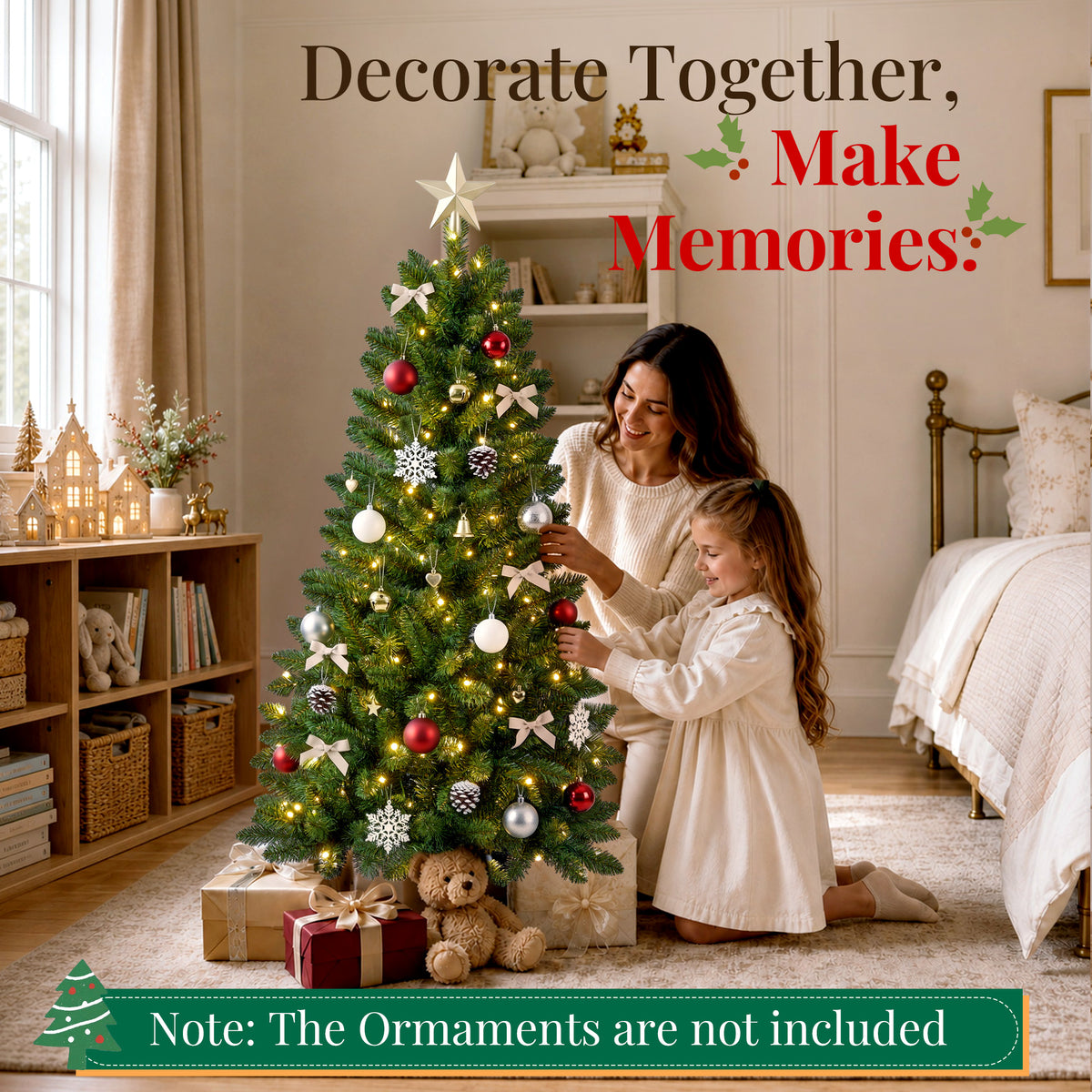 Goosiay Pre-Lit Artificial Christmas Tree, 4ft, 150 Warm White & Multi-Colored 10 Modes LED Lights, Metal Stand, 360 Branch Tips, Green