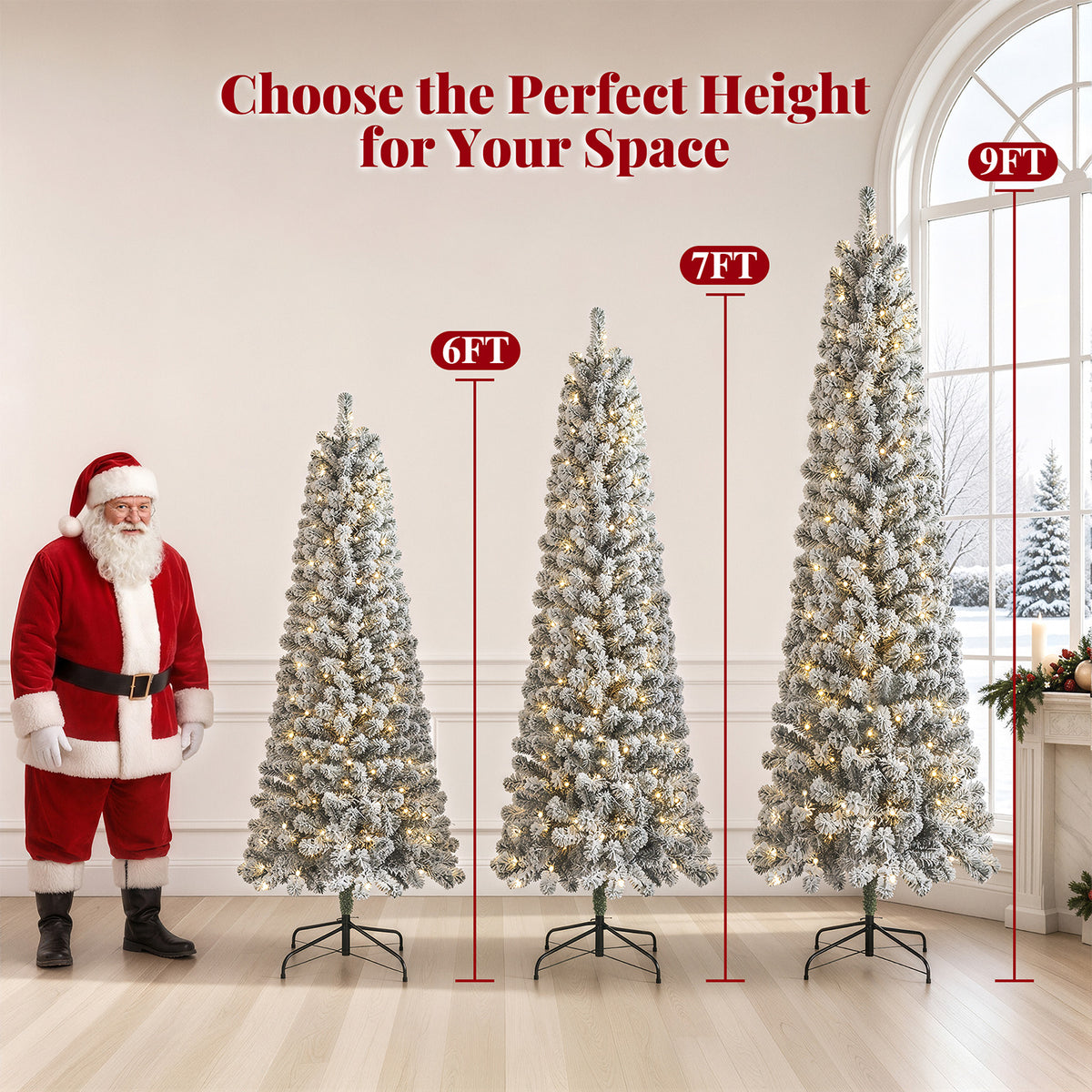 9ft Snow Flocked Pencil Christmas Tree, Pre-Lit Artificial Christmas Tree with 1250 Tips, 400 Warm White & Multicolor Lights, 10 Modes, Tall Slim Xmas Tree with Stand