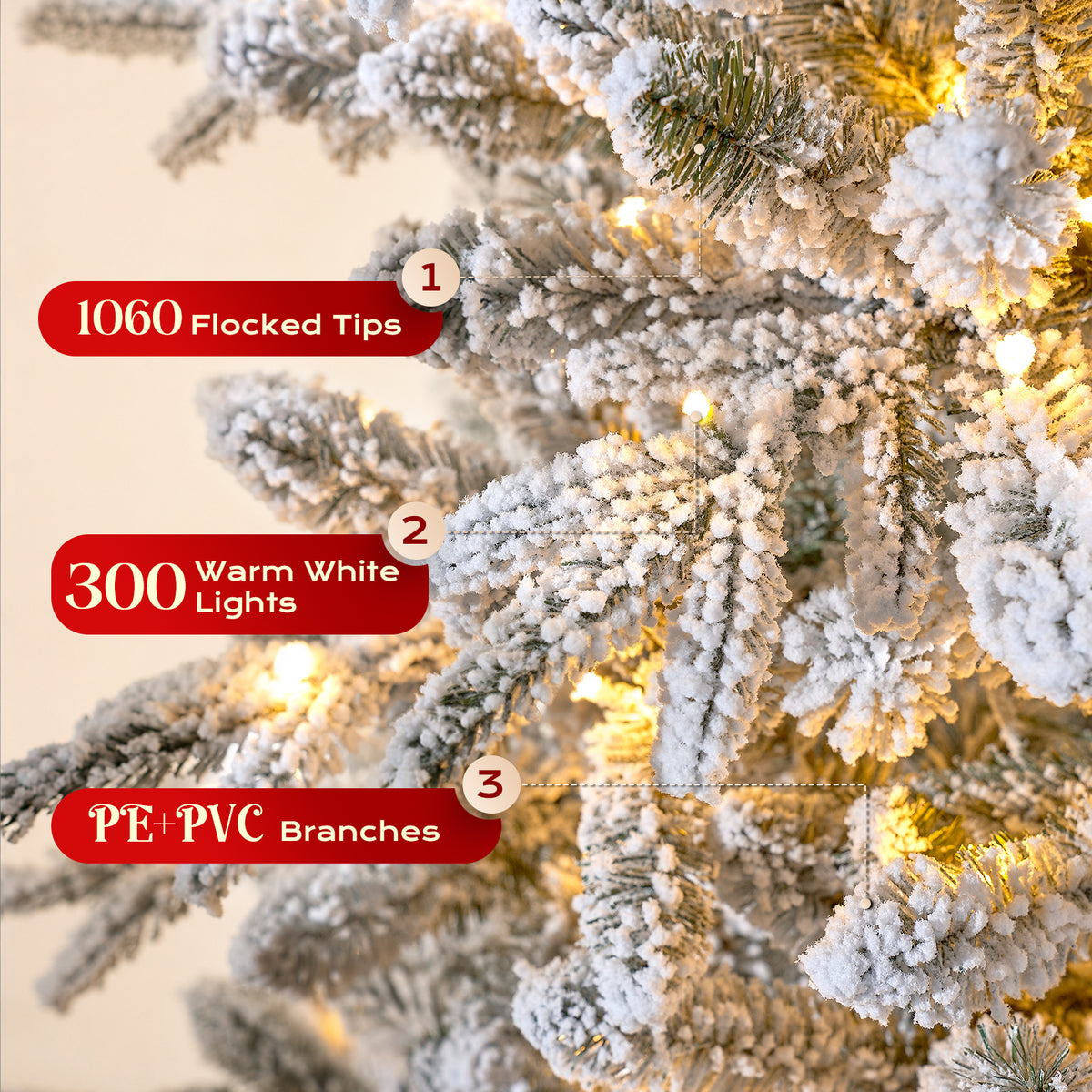 7FT Pre-Lit Flocked Christmas Tree, 300 Warm White LED Lights, 1060 PE & PVC Tips Snowy Artificial Christmas Tree