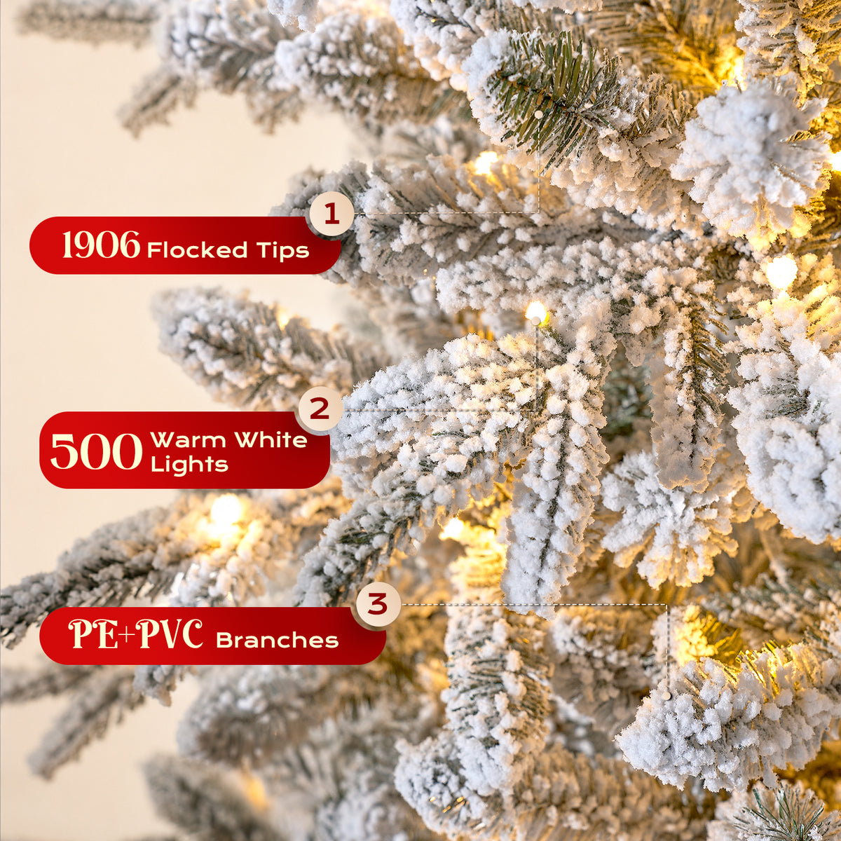 9FT Pre-Lit Flocked Christmas Tree, 500 Warm White LED Lights, 1906 PE & PVC Branch Tips Snowy Artificial Christmas Tree