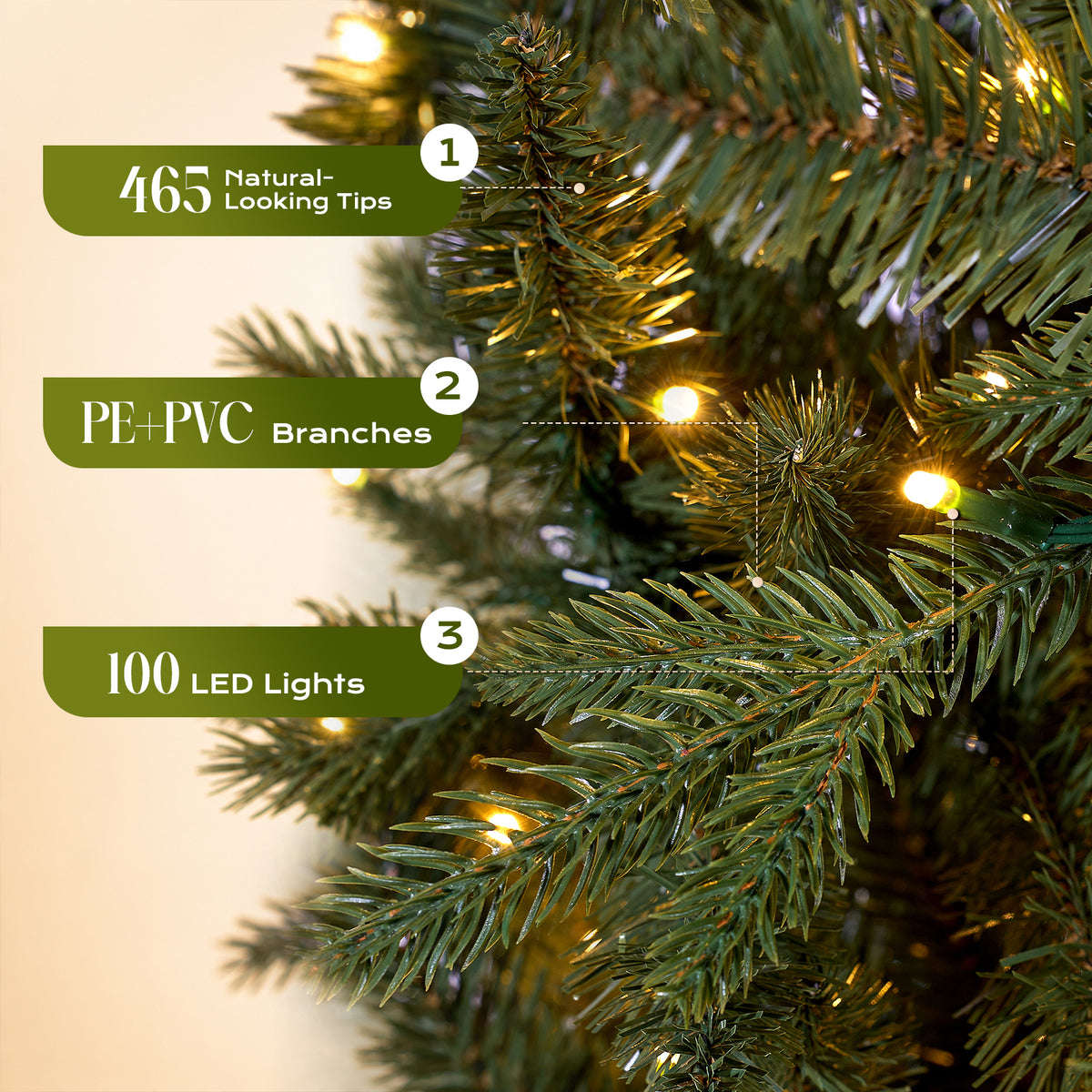 Christmas Tree, 4ft Pre-Lit Christmas Tree with 100 Warm White & Multicolor LED Lights, 465 PE & PVC Tips, Hinged Artificial Pine Tree for Small Spaces, Bedroom, Office, Entryway