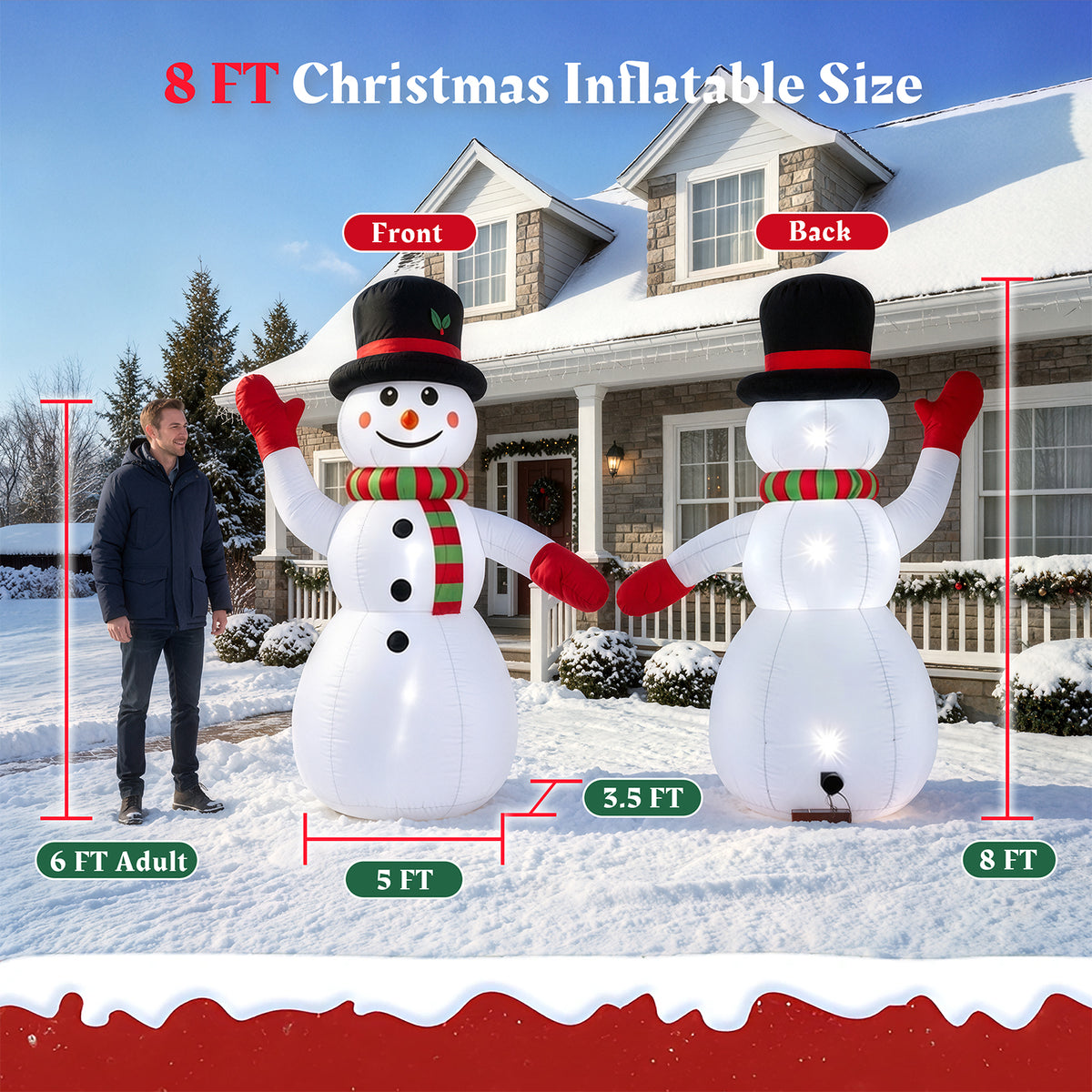 8 ft Christmas Snowman Inflatable with LED Lights, Blow up Outdoor Yard Lawn Decoration for Holiday Decor