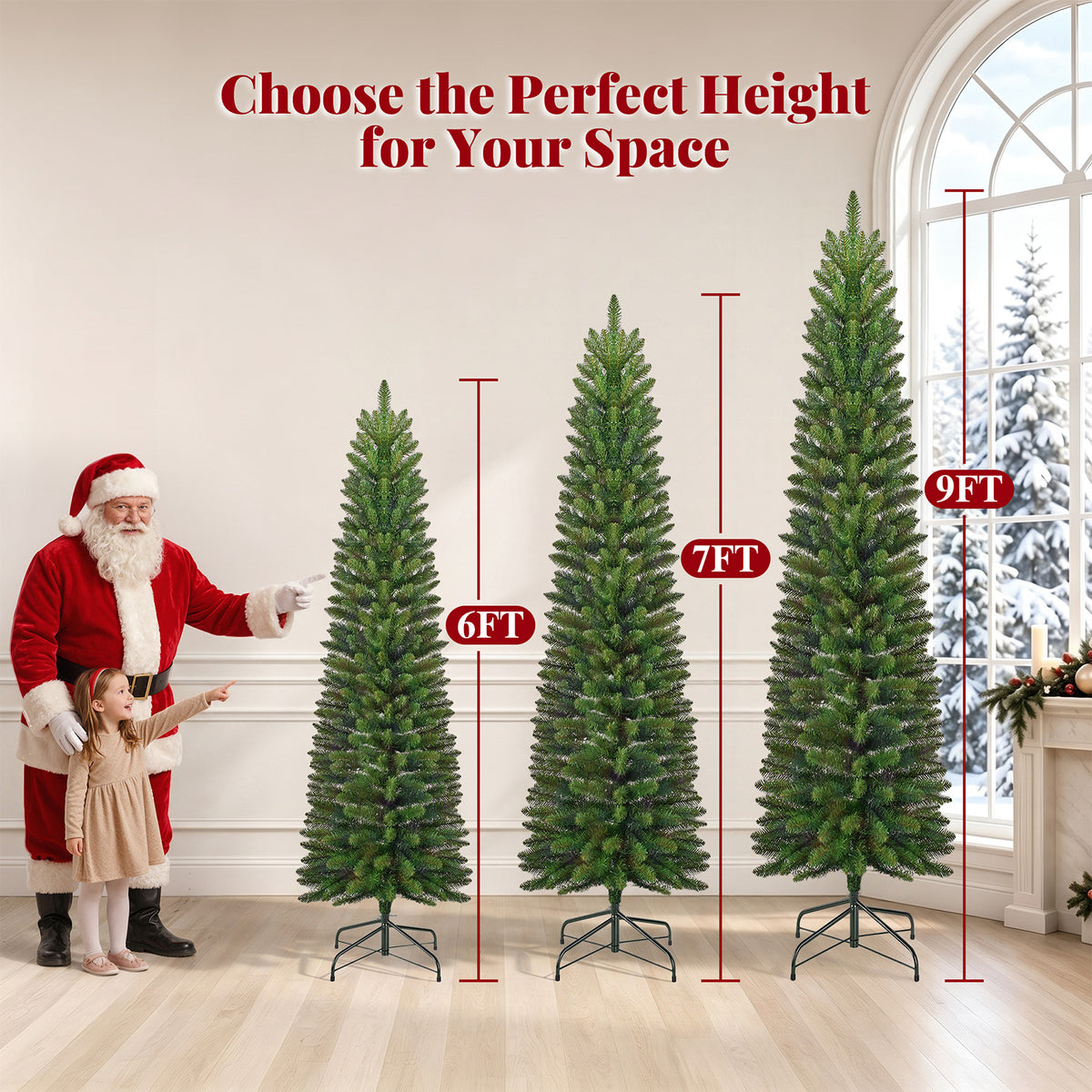 9ft Pre-litPencil Christmas Tree, Prelit Artificial Christmas Tree with 800 Tips, 380 Warm White & Multicolor Lights, 10 Modes, Green Xmas Tree with Stand