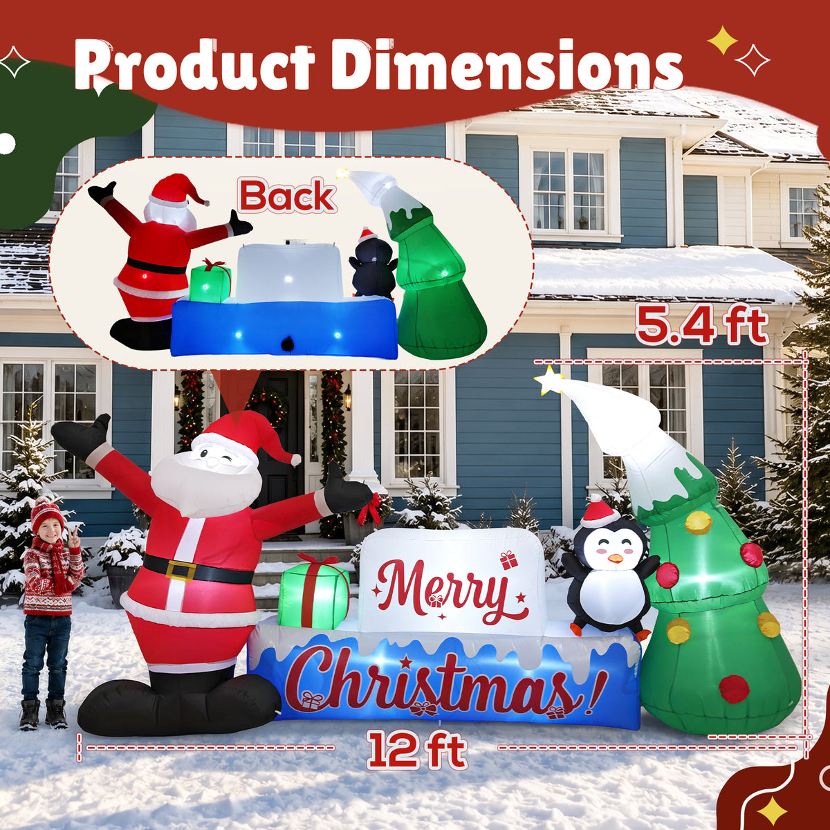Goosiay 12 ft Christmas Inflatable Outdoor Decoration with Santa Claus, Penguin, Holiday Tree & Merry Christmas Sign, 10 LED Lights for Yard