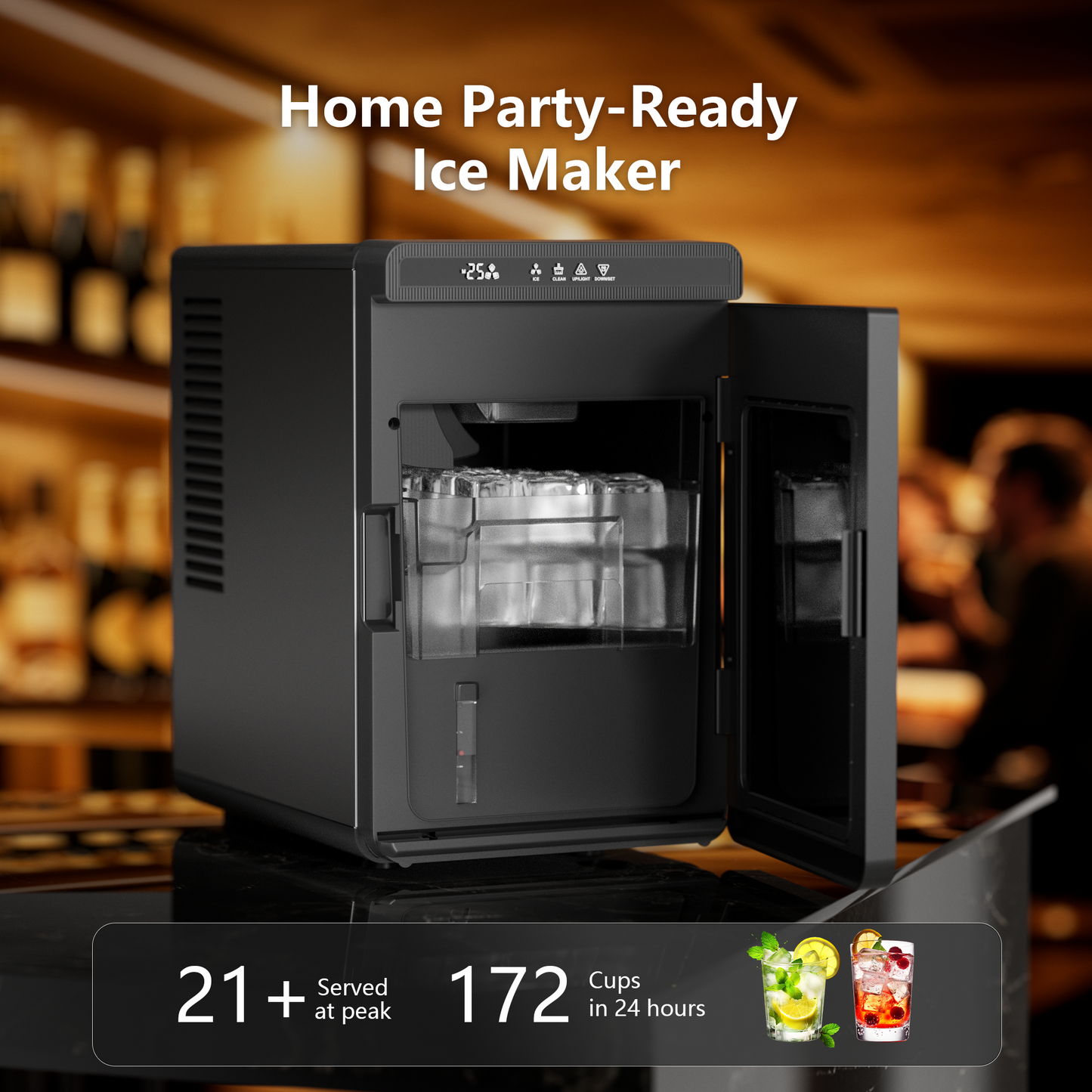 Goosiay Slow-Melting 1.6" Clear Ice Cube Maker Countertop, 3 Pcs in 25 Mins, 172/Day, 21 Ice Storage, Large Solid Cube Ice Machine, Self-Cleaning, 24H Timer for Whiskey, Home Bar, Stainless Steel