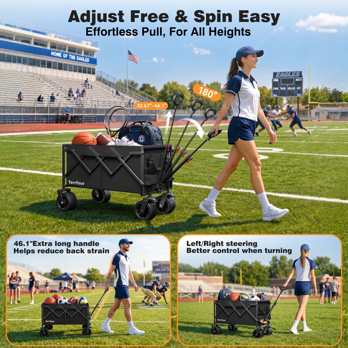 Terrfour Collapsible Wagon Cart with Tank Wheels, 580LBS Heavy Duty Folding Beach Wagon with Side Pocket for Camping Garden Sports Shopping, Black