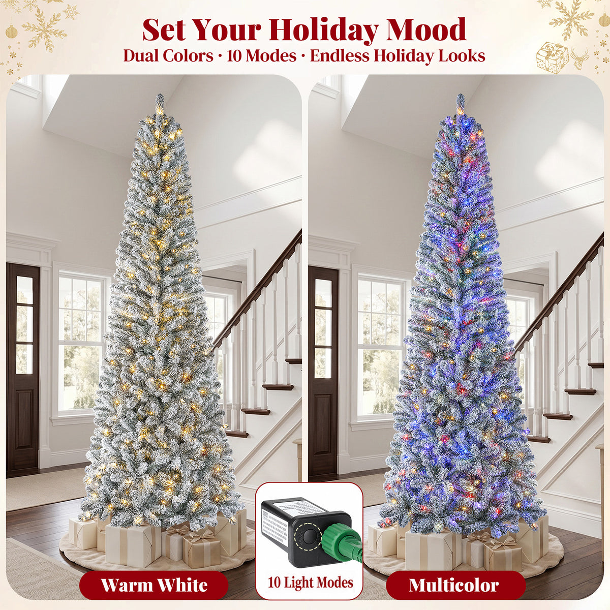 9ft Snow Flocked Pencil Christmas Tree, Pre-Lit Artificial Christmas Tree with 1250 Tips, 400 Warm White & Multicolor Lights, 10 Modes, Tall Slim Xmas Tree with Stand