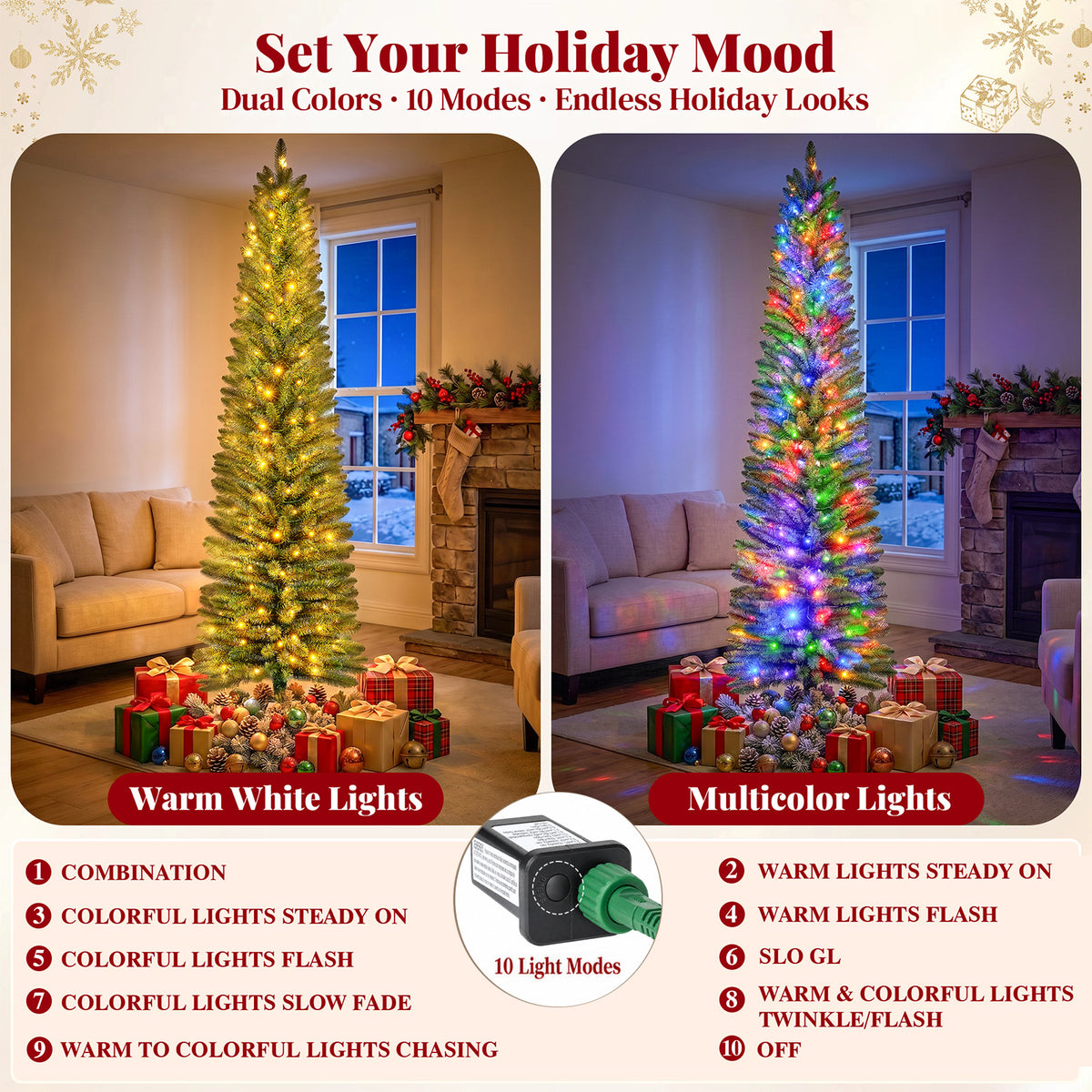Goosiay Pre-Lit Pencil Artificial Christmas Tree, 6ft Xmas Tree with Metal Stand for Christmas Decoration, Green