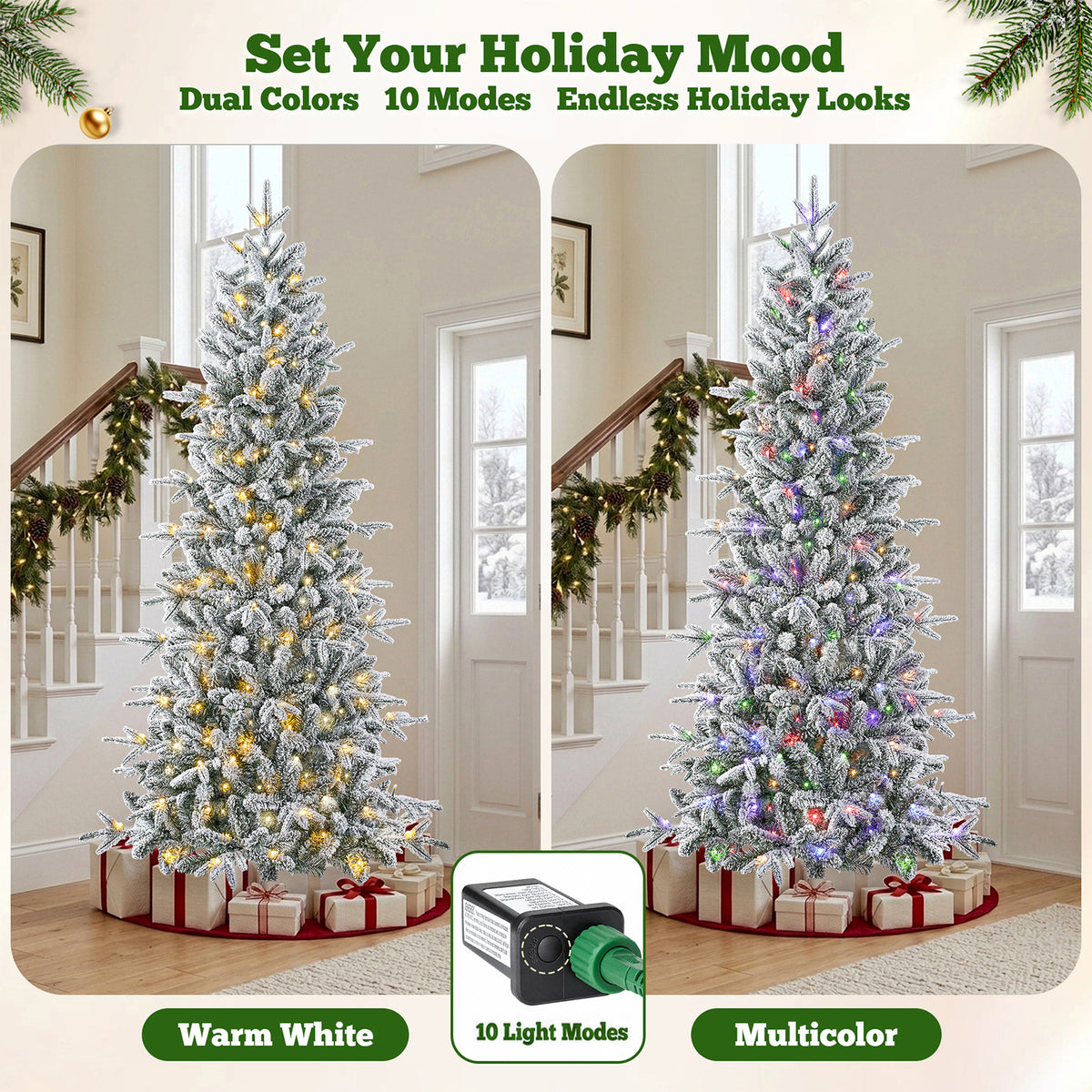 7 ft Pre-Lit Snow Flocked Slim Aspen Fir Artificial Christmas Tree, 1200 PE & PVC Tips, 300 Warm White & Multicolor LED Lights