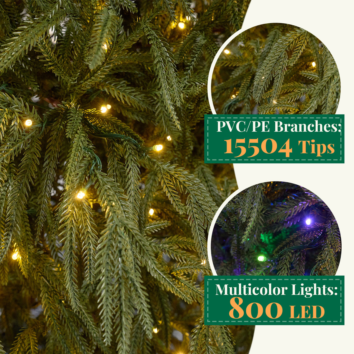 Goosiay 12 ft Pre-Lit Norfolk Pine Christmas Tree, PE Slim Artificial Tree with 800 Warm White & Multicolor 10-Function Lights, 15504 Branch Tips, Green