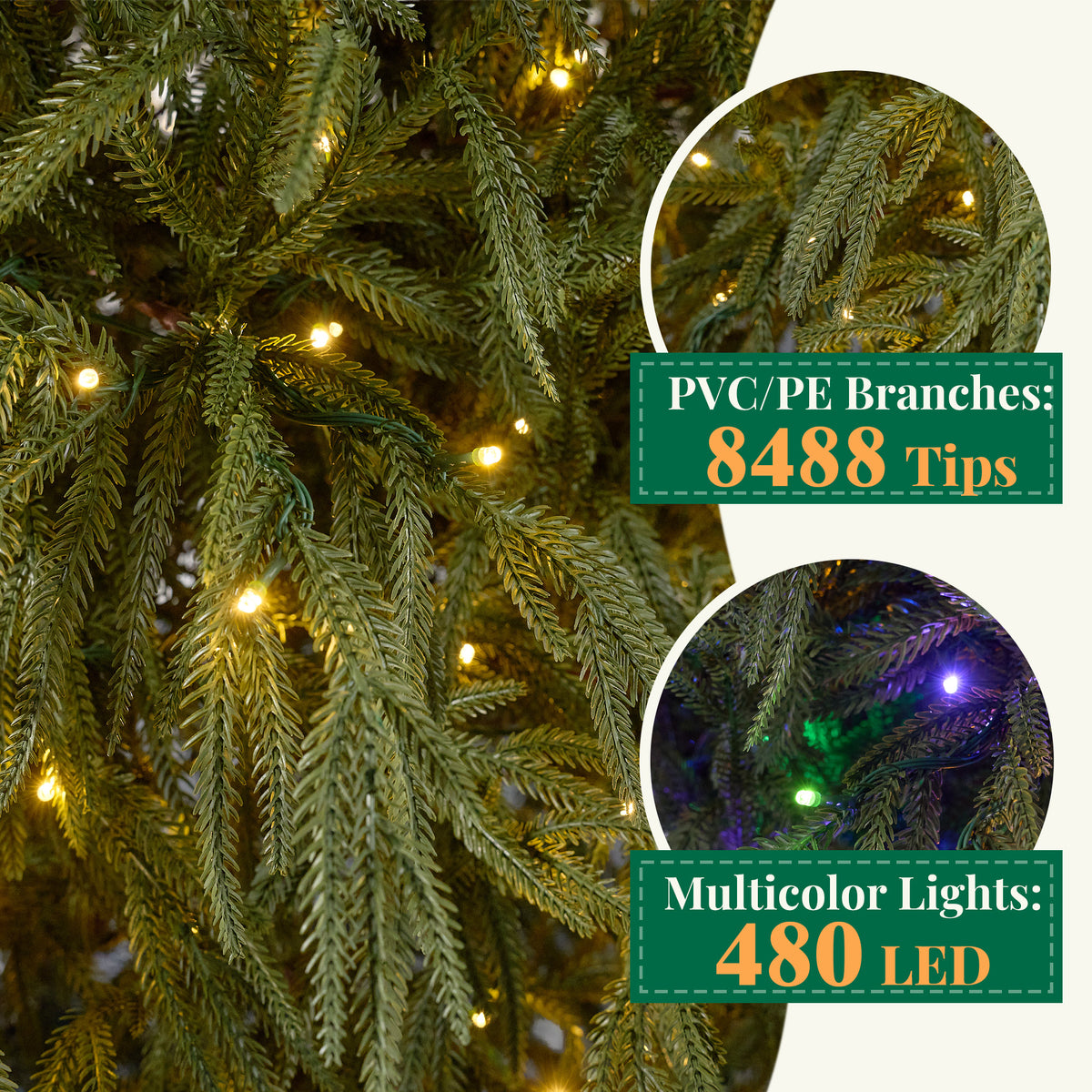 Goosiay 9 ft Pre-Lit Norfolk Pine Christmas Tree, PE Slim Artificial Tree with 480 Warm White & Multicolor 10-Function Lights, 8488 Branch Tips, Green