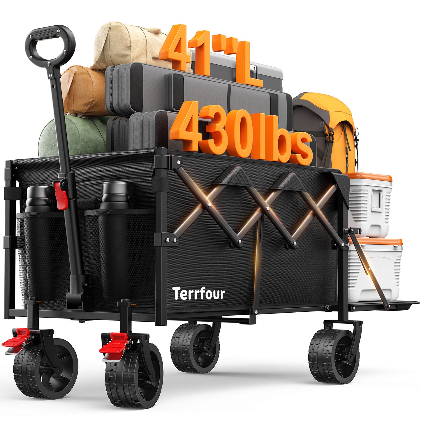 Terrfour 430lb Heavy Duty Collapsible Folding Wagon Cart with Extended Tailgate and All-Terrain Wheels for Camping, Garden, Outdoor, Black