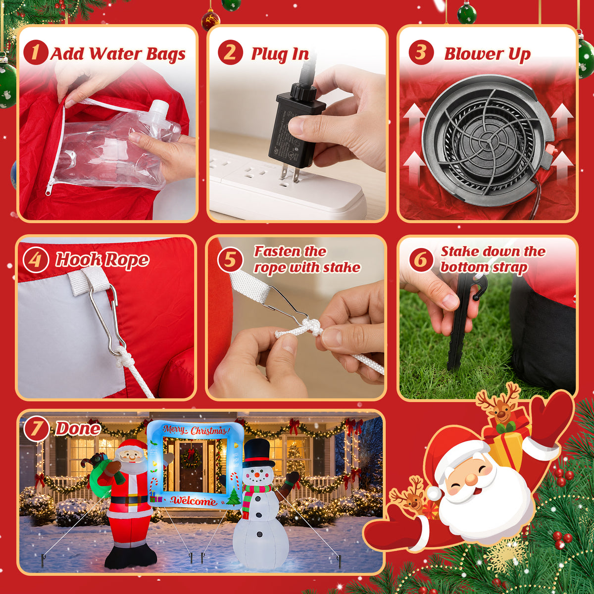 10FT Christmas Inflatable, Blow up Christmas Outdoor Decoration Selfie Picture Frame with Santa & Snowman, Pre-Lit Holiday Welcome Photo Booth Prop for Yard Family Party