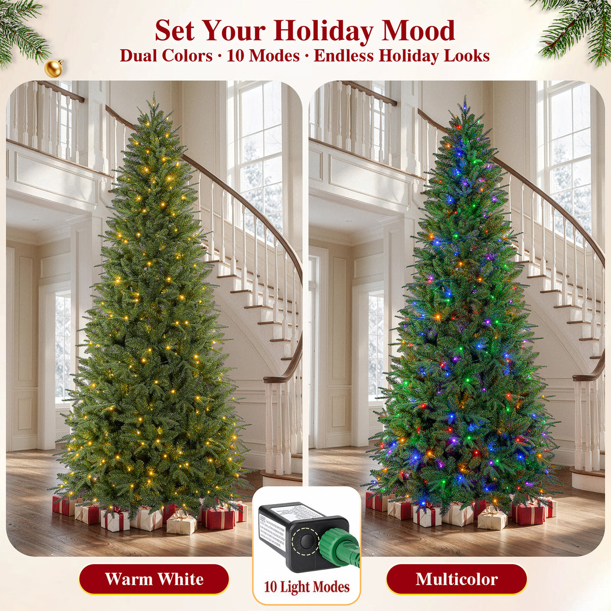 9ft Pre-Lit Artificial Christmas Tree, Aspen Fir Style with 2800 PE & PVC Mixed Branch Tips, Tall Realistic Evergreen Tree with 400 Warm White & Multicolor LED Lights, 10 Lighting Modes