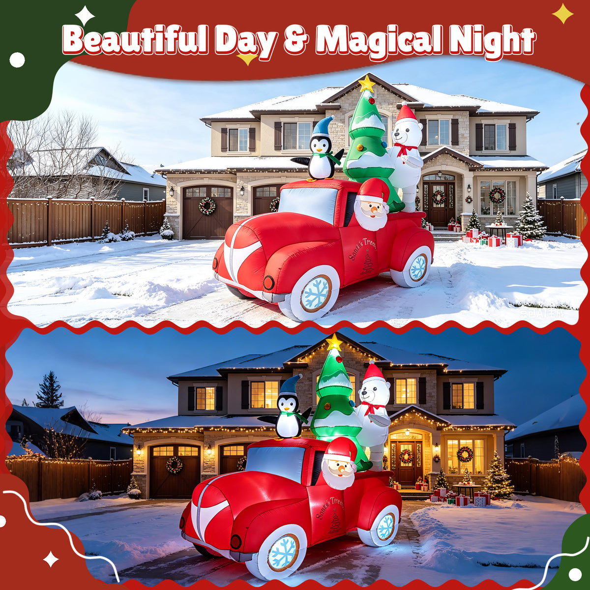 Goosiay 8 ft Outdoor Christmas Inflatable with Santa, Penguin, Polar Bear and Red Car, Built-in LED Lights for Yard, Lawn and Garden