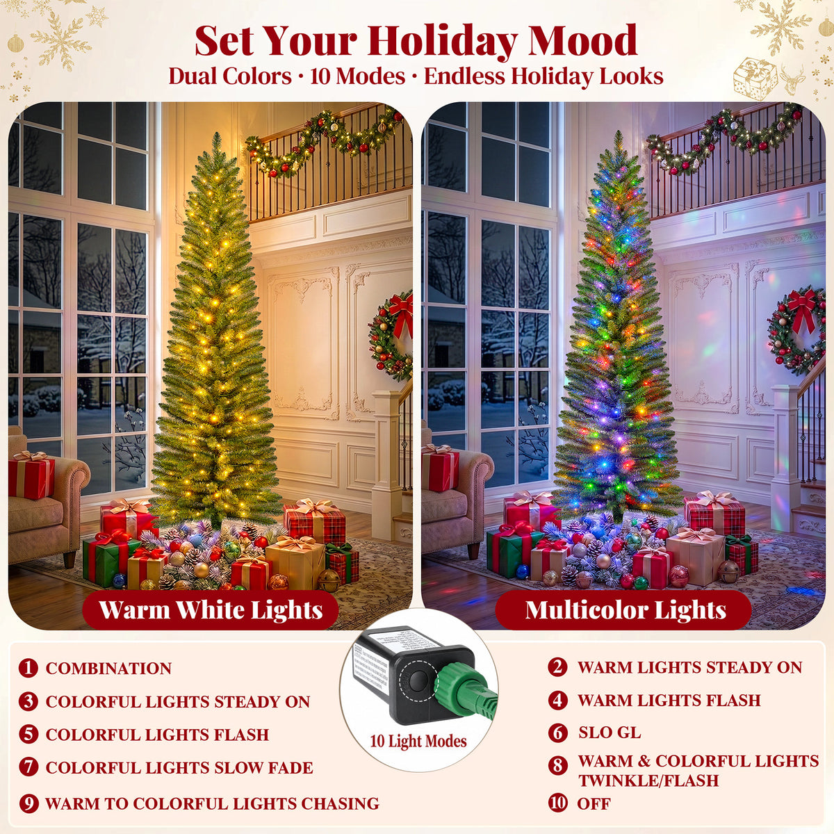 Goosiay Pre-Lit Pencil Artificial Christmas Tree, 7ft Xmas Tree with Metal Stand for Christmas Decoration, Green