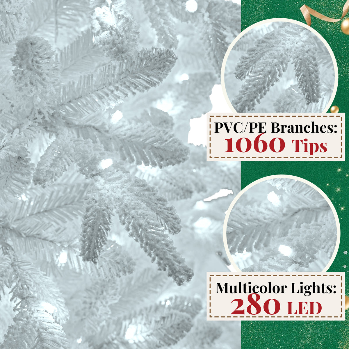 Goosiay 7 ft Pre-Lit White Flocked Slim Aspen Fir Artificial Christmas Tree with 280 Cool White Lights, 1060 Branch Tips, PE & PVC Branches