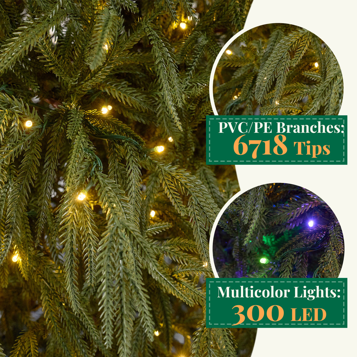 Goosiay 7 ft Pre-Lit Norfolk Pine Christmas Tree, PE Slim Artificial Tree with 300 Warm White & Multicolor 10-Function Lights, 6718 Branch Tips,Green