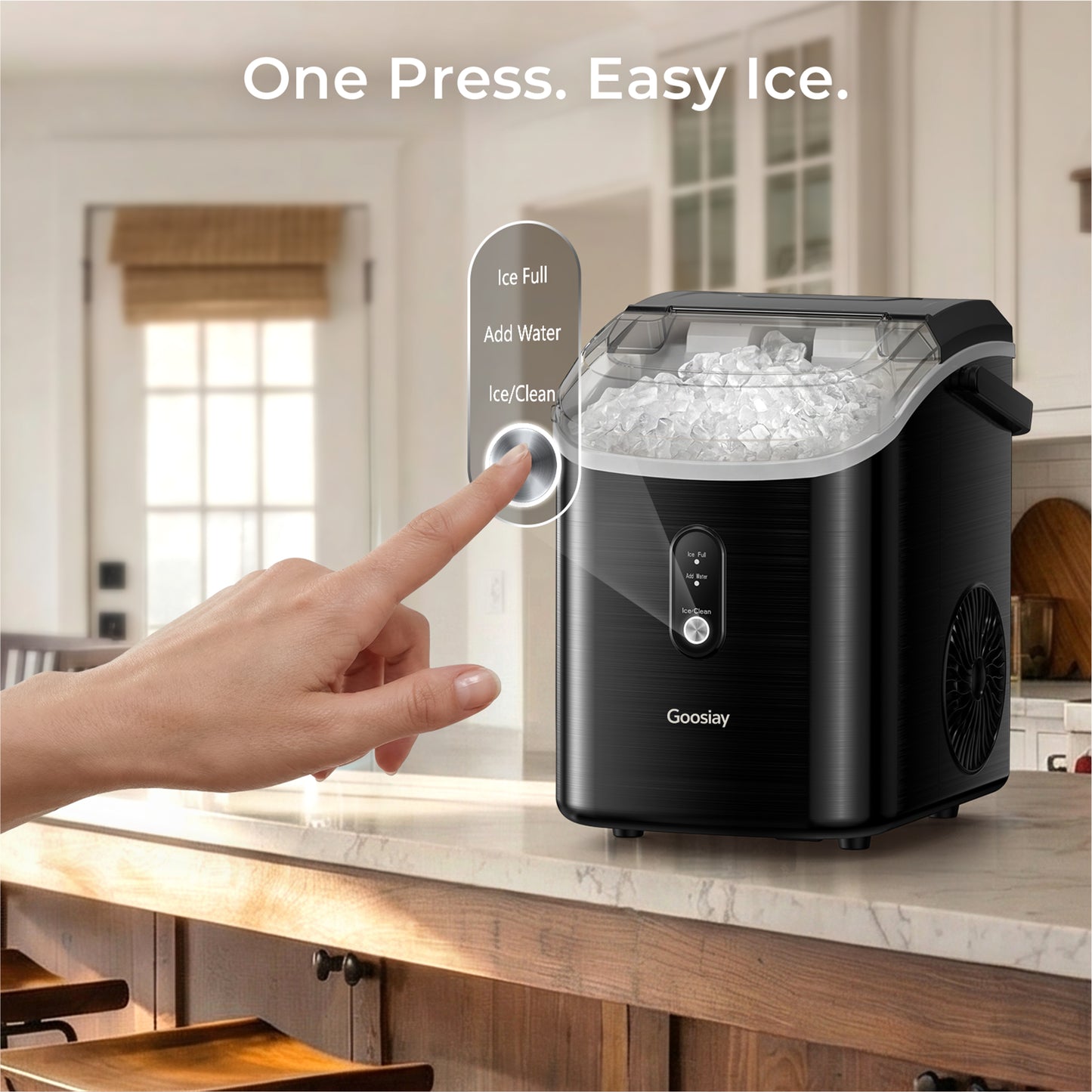 Goosiay 33lb Nugget Ice Maker Countertop, Portable Pebble Ice Machine with Handle, Soft Chewable Pellet, Stainless Steel Black