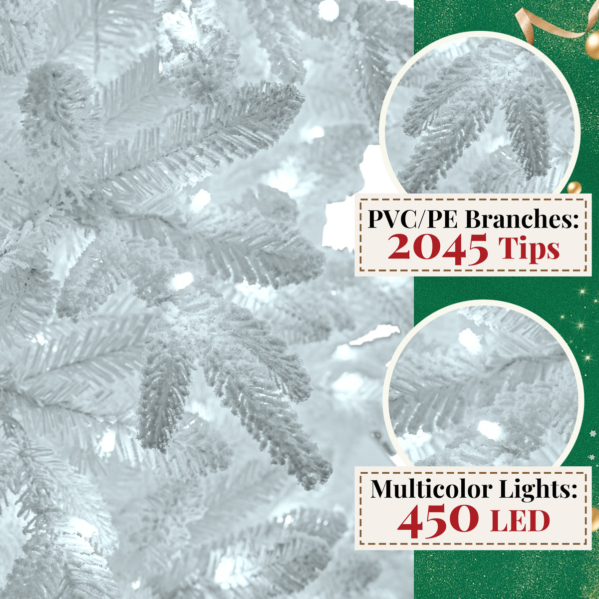 Goosiay 9 ft Pre-Lit White Flocked Slim Aspen Fir Artificial Christmas Tree with 450 Cool White Lights, 2045 Branch Tips, PE & PVC Branches