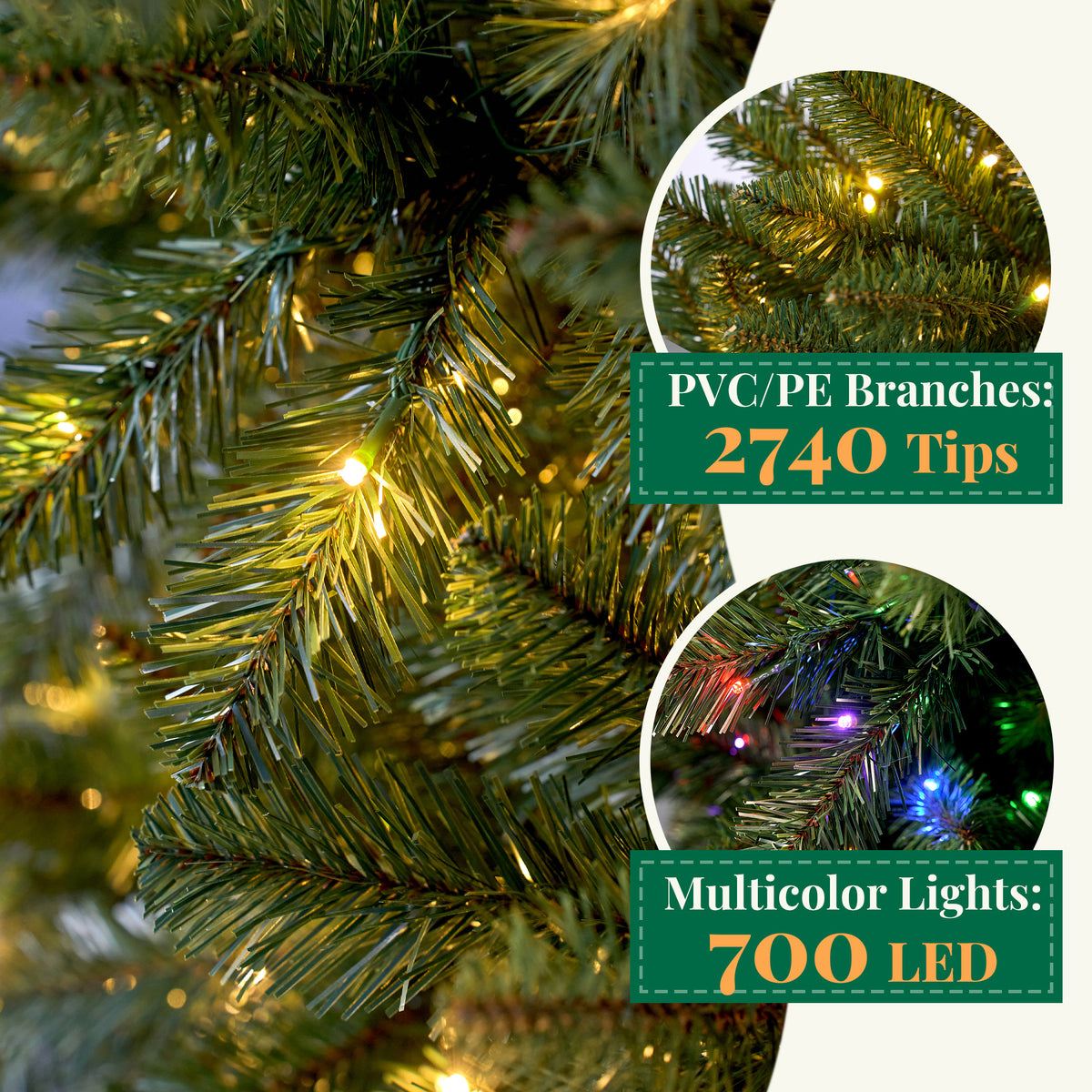 Goosiay 12 ft Pre-Lit Christmas Tree, PVC Slim Artificial Tree with 700 Warm White & Multicolor 10-Function Lights, 2740 Branch Tips,Green